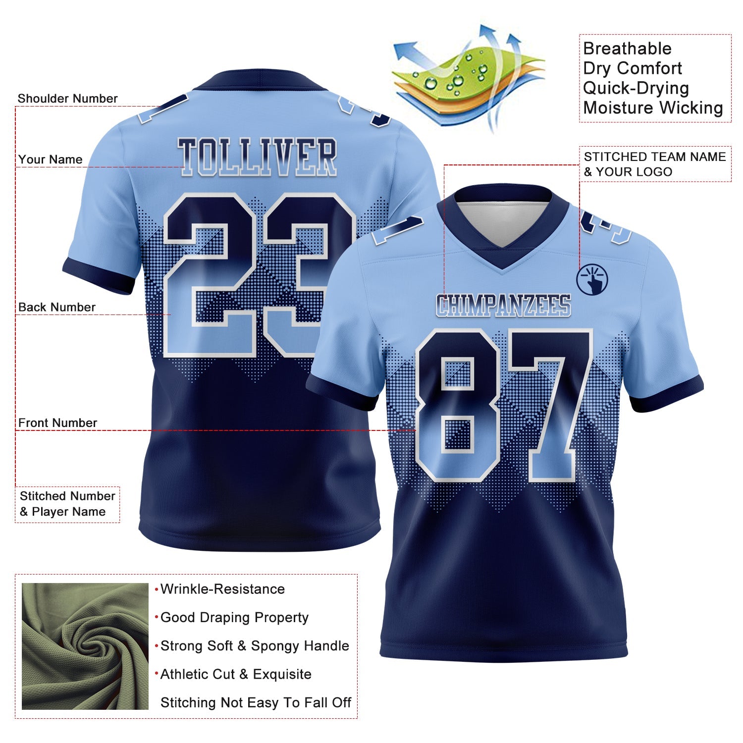 Custom Light Blue Navy-White Mesh Authentic Gradient Square Shape Flag Football Jersey - Sky-Custom