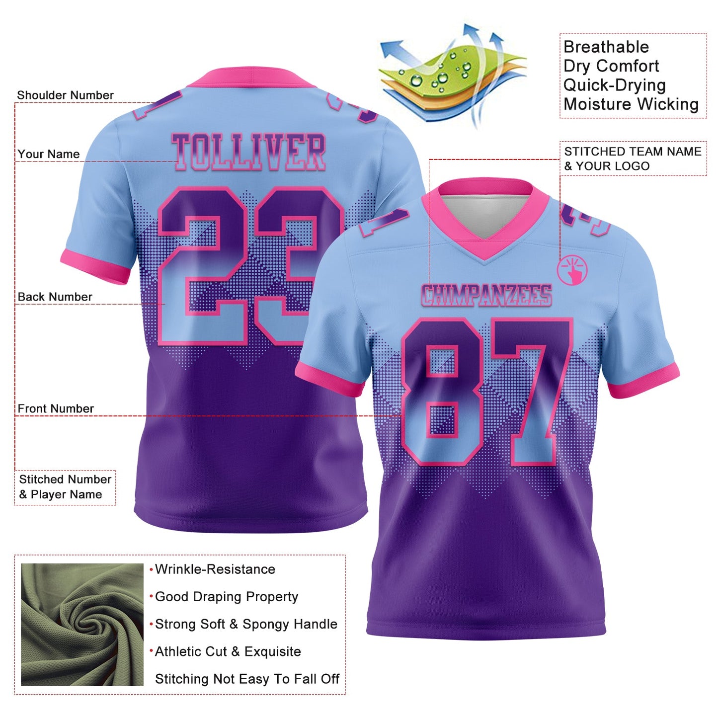 Custom Light Blue Purple-Pink Mesh Authentic Gradient Square Shape Flag Football Jersey - Sky-Custom