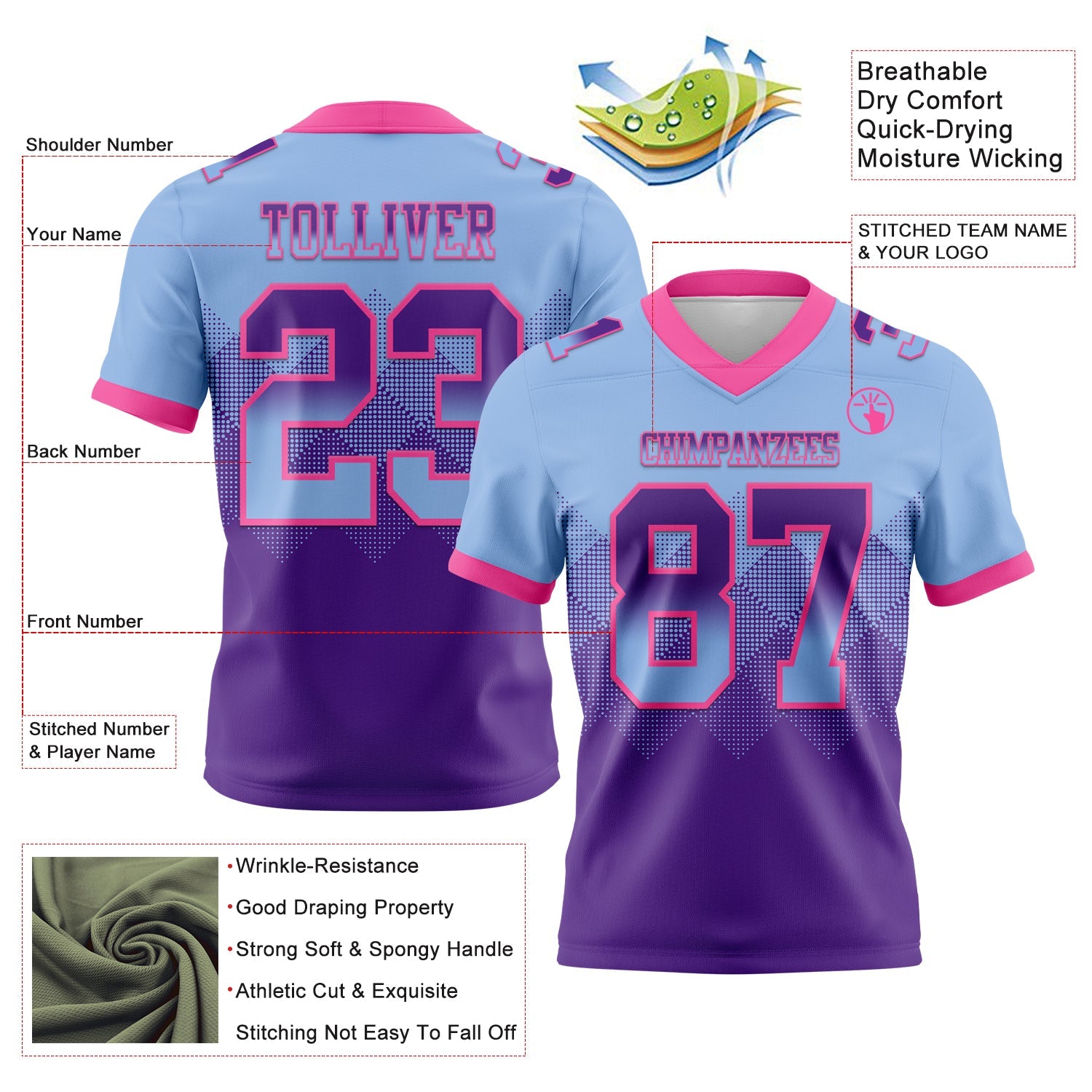 Custom Light Blue Purple-Pink Mesh Authentic Gradient Square Shape Flag Football Jersey - Sky-Custom