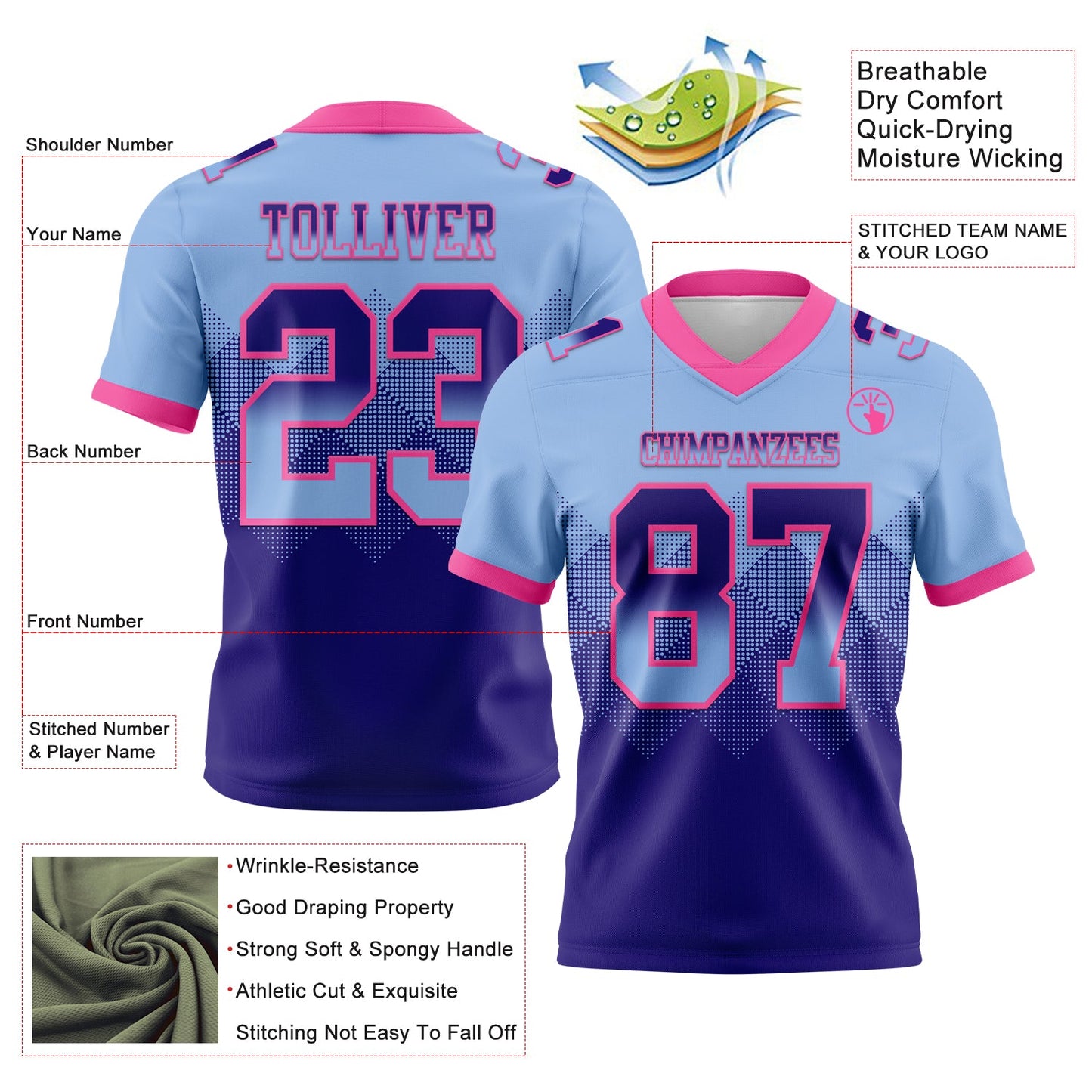Custom Light Blue Dark Purple-Pink Mesh Authentic Gradient Square Shape Flag Football Jersey - Sky-Custom