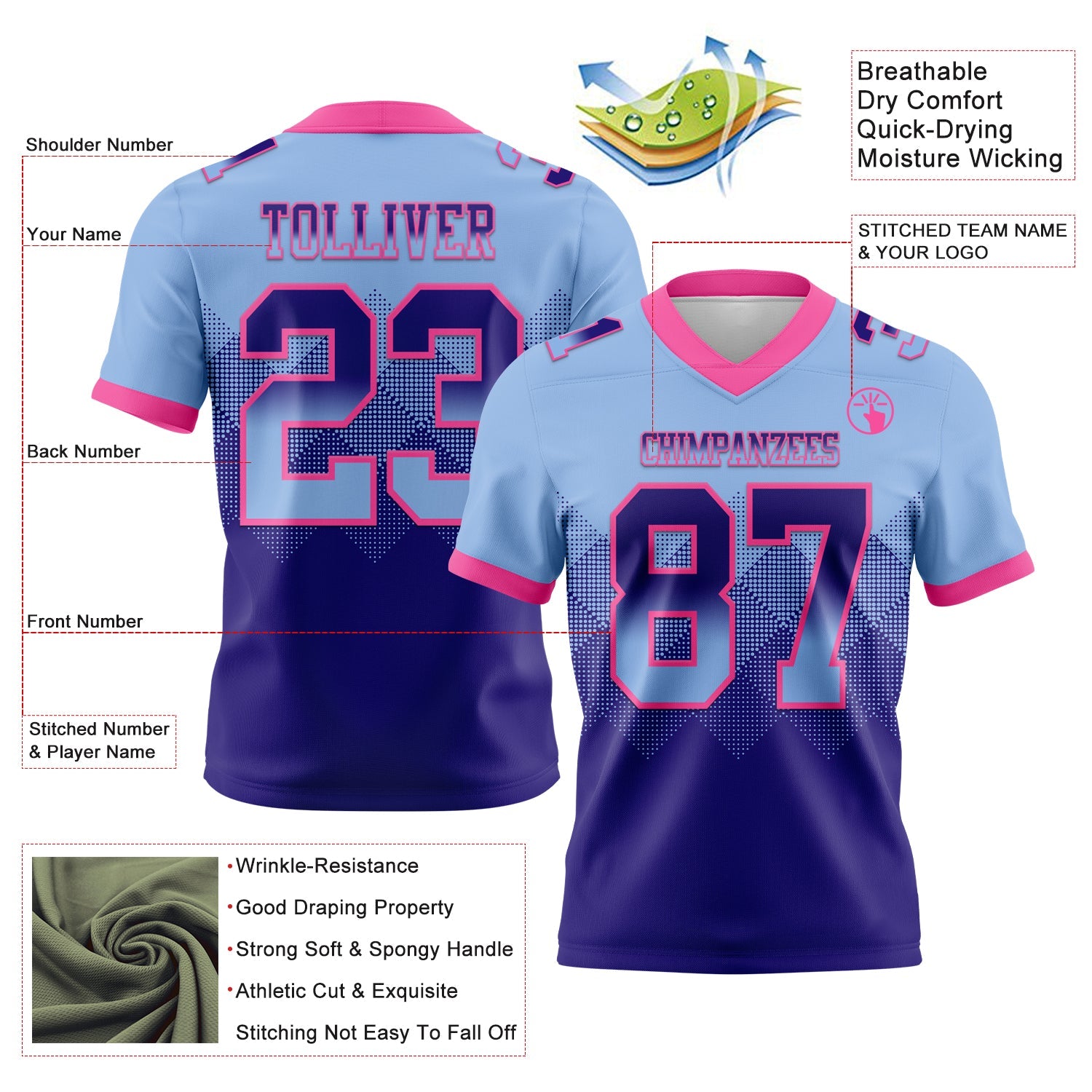 Custom Light Blue Dark Purple-Pink Mesh Authentic Gradient Square Shape Flag Football Jersey - Sky-Custom