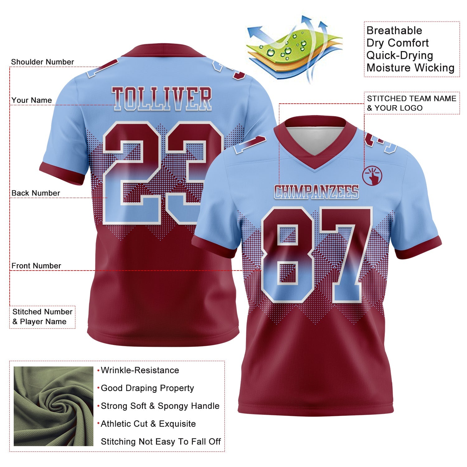 Custom Light Blue Crimson-White Mesh Authentic Gradient Square Shape Flag Football Jersey - Sky-Custom
