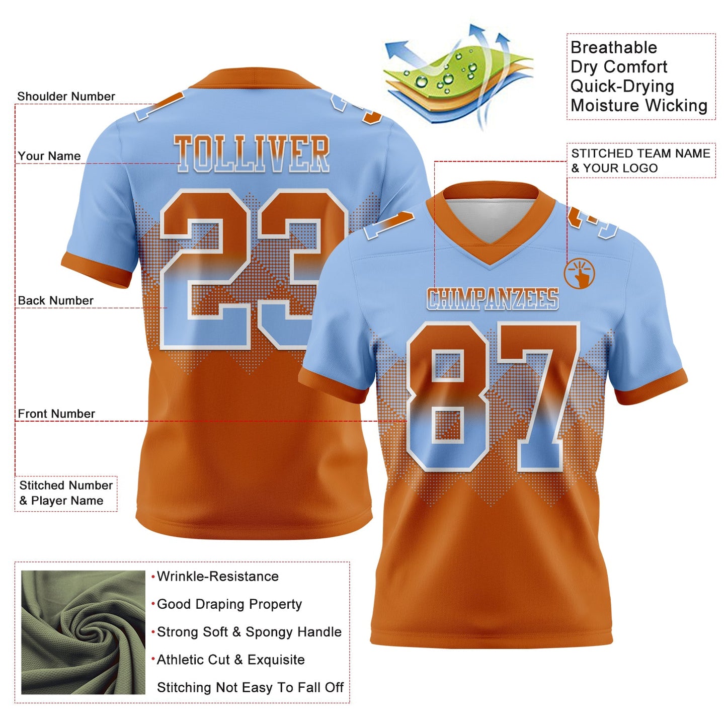 Custom Light Blue Texas Orange-White Mesh Authentic Gradient Square Shape Flag Football Jersey - Sky-Custom