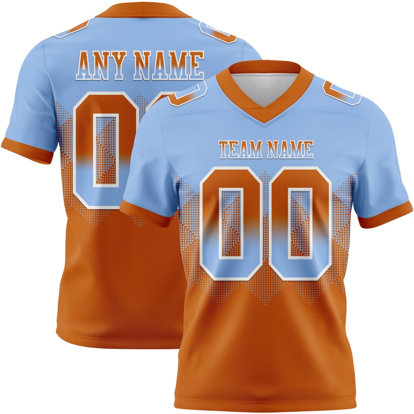 Custom Light Blue Texas Orange-White Mesh Authentic Gradient Square Shape Flag Football Jersey - Sky-Custom