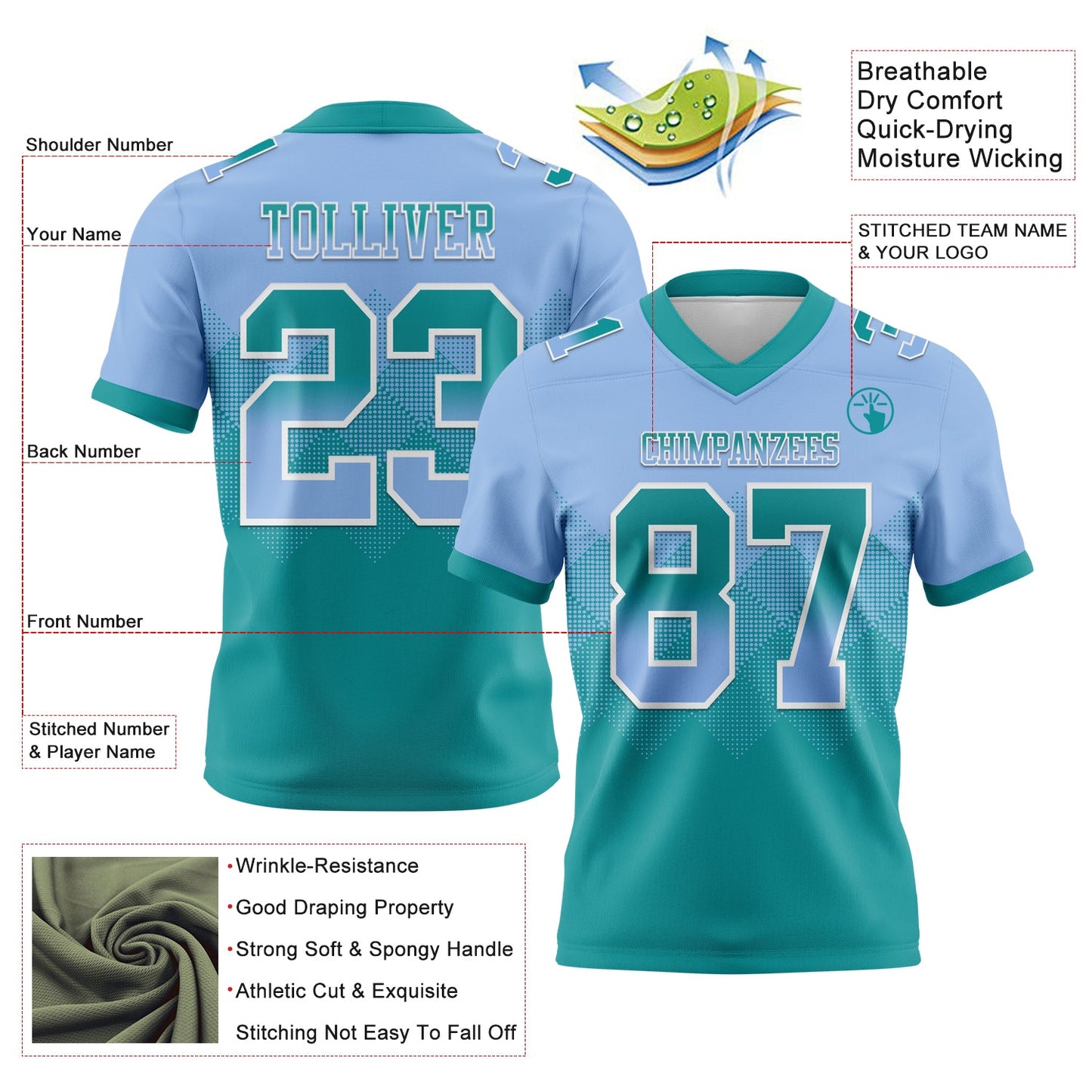 Custom Light Blue Teal-White Mesh Authentic Gradient Square Shape Flag Football Jersey - Sky-Custom