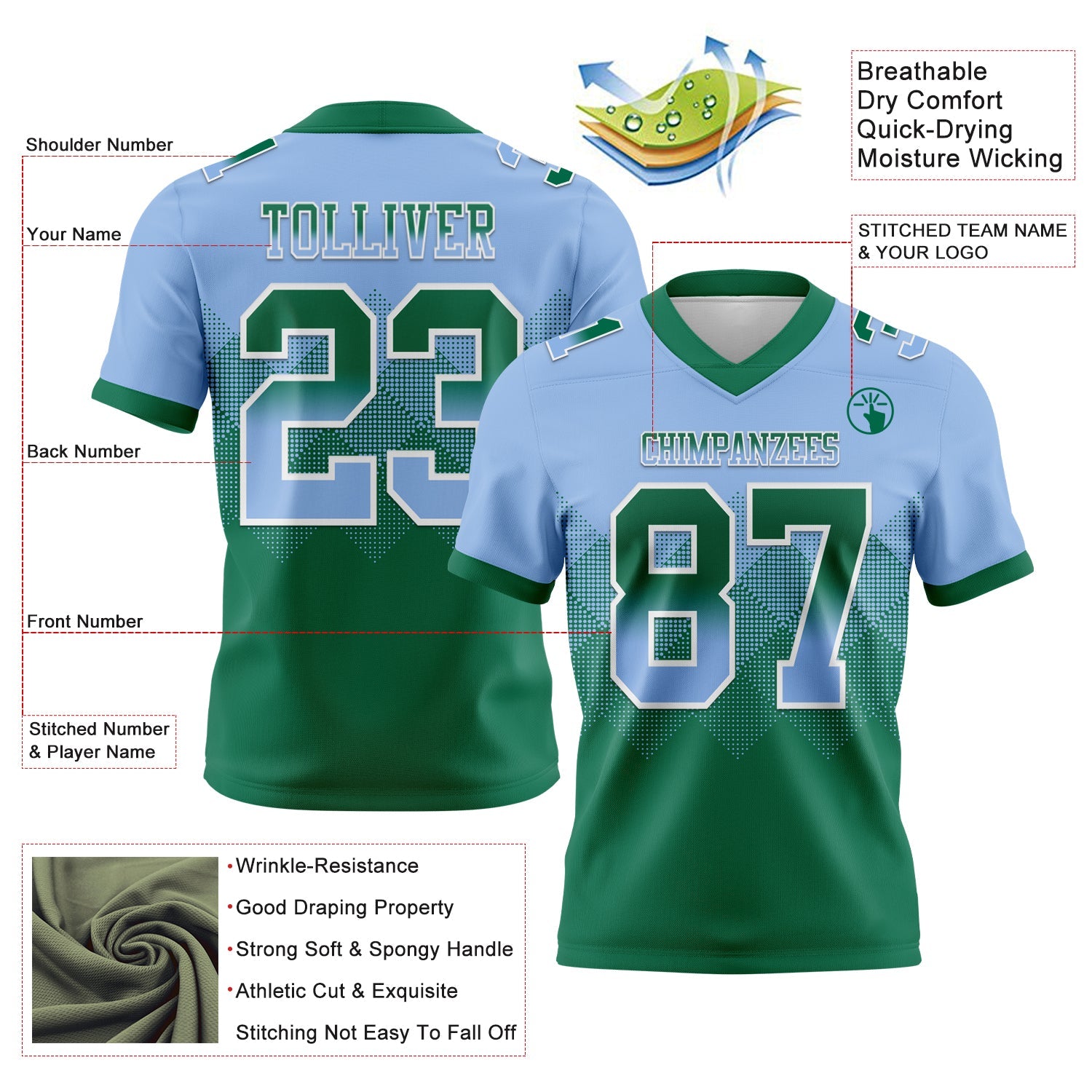 Custom Light Blue Kelly Green-White Mesh Authentic Gradient Square Shape Flag Football Jersey - Sky-Custom