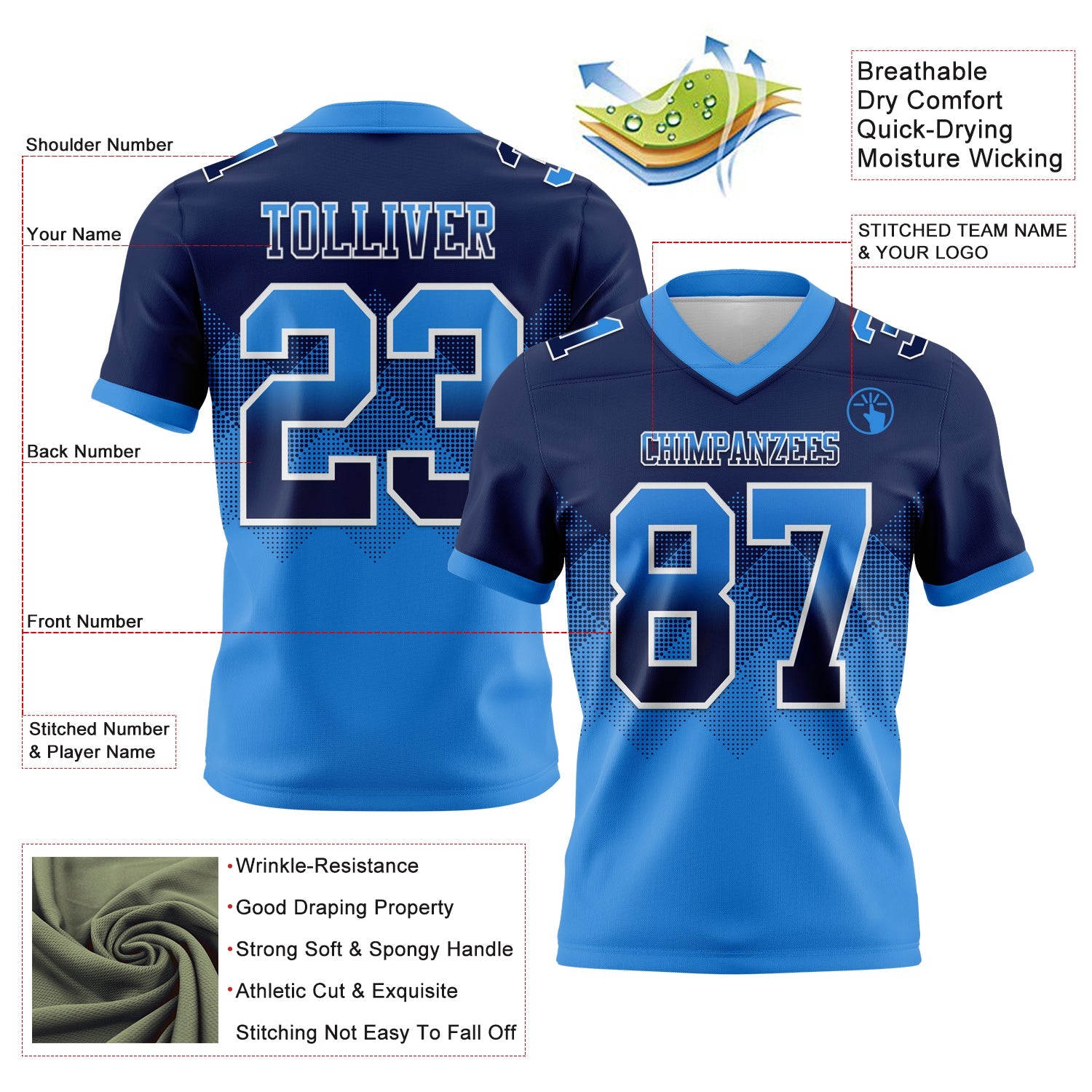 Custom Navy Powder Blue-White Mesh Authentic Gradient Square Shape Flag Football Jersey - Sky-Custom