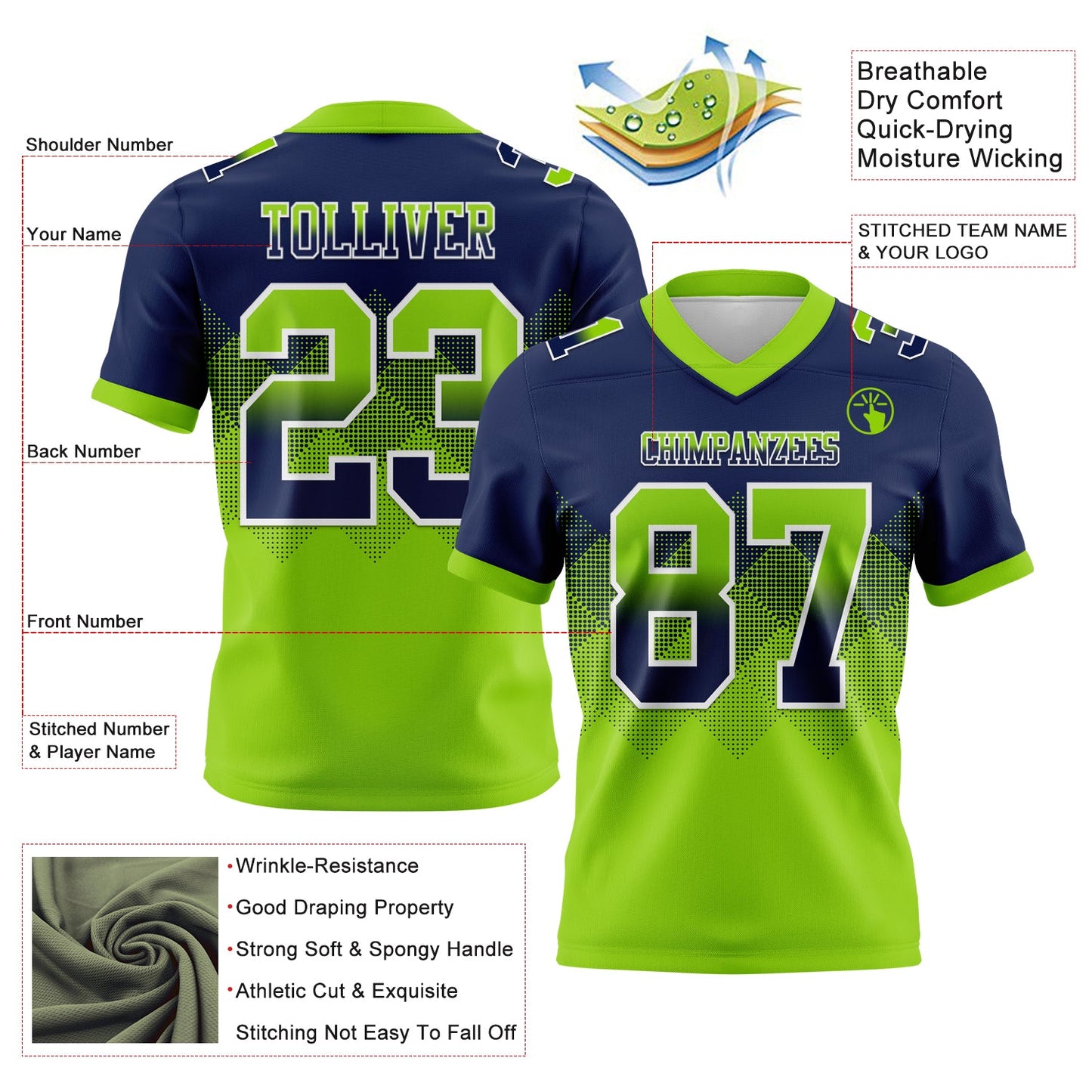 Custom Navy Neon Green-White Mesh Authentic Gradient Square Shape Flag Football Jersey - Sky-Custom