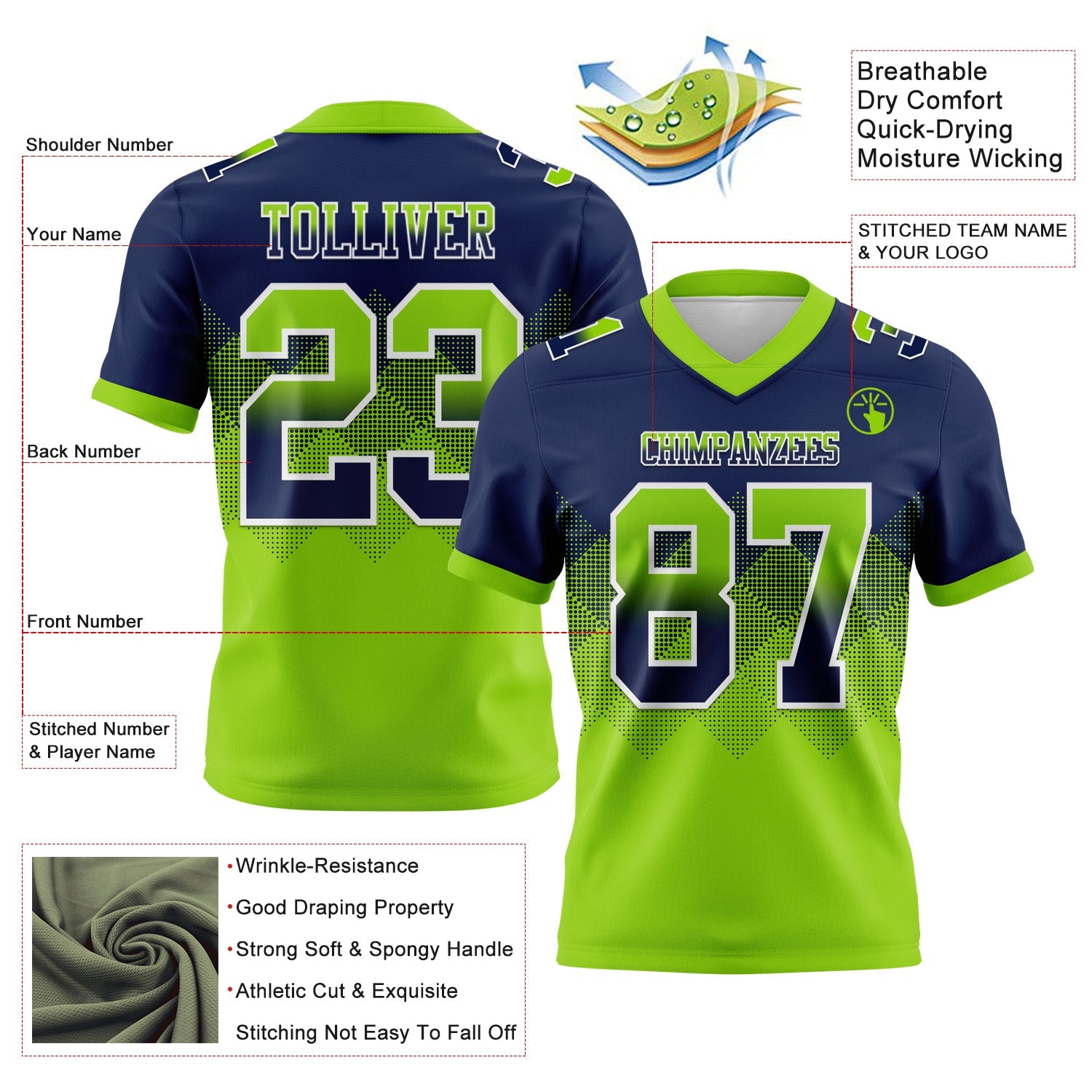 Custom Navy Neon Green-White Mesh Authentic Gradient Square Shape Flag Football Jersey - Sky-Custom
