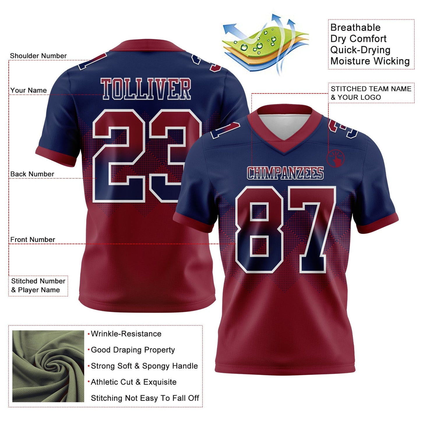 Custom Navy Crimson-White Mesh Authentic Gradient Square Shape Flag Football Jersey - Sky-Custom