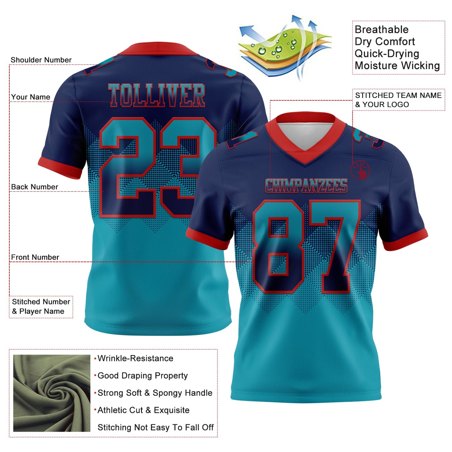 Custom Navy Teal-Red Mesh Authentic Gradient Square Shape Flag Football Jersey - Sky-Custom