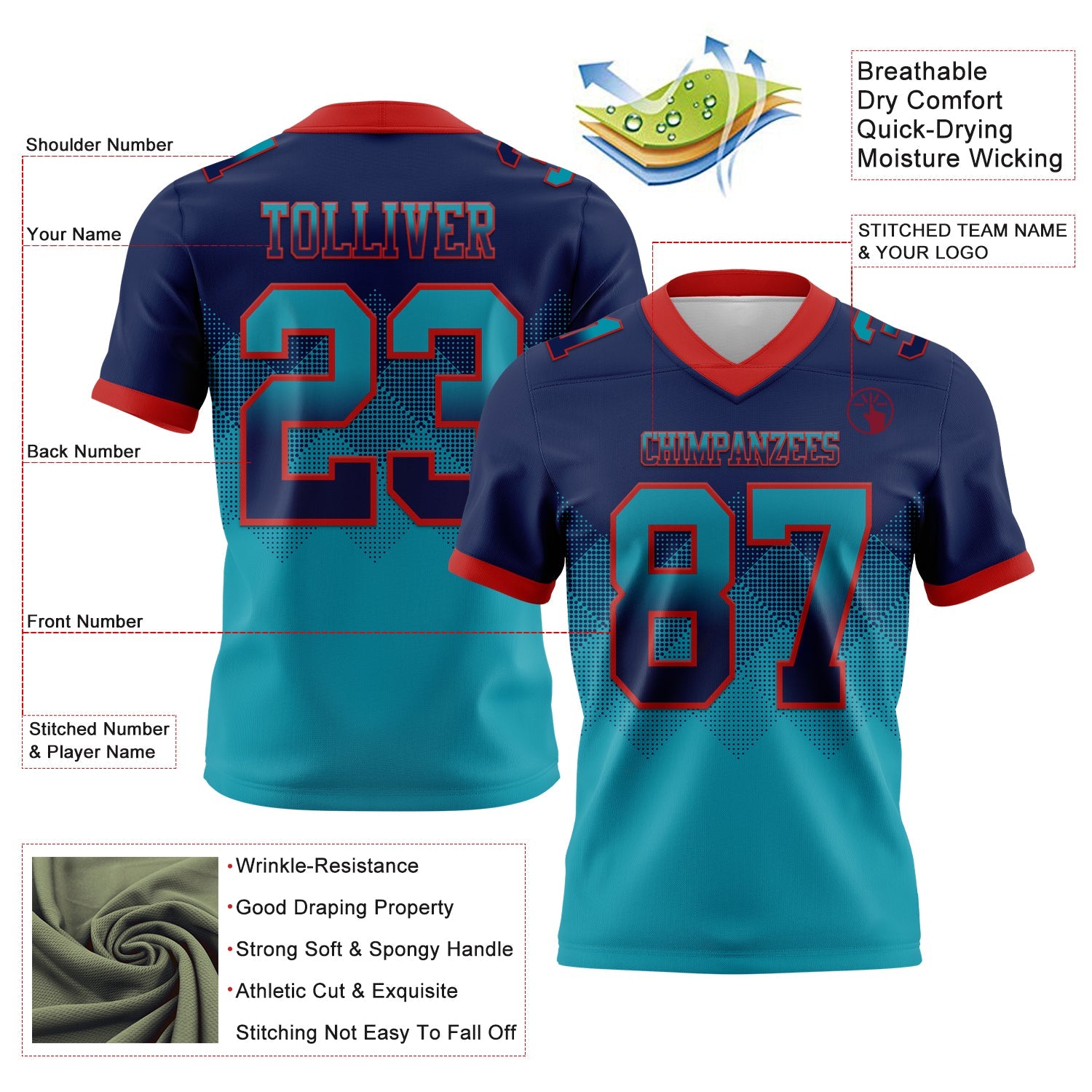 Custom Navy Teal-Red Mesh Authentic Gradient Square Shape Flag Football Jersey - Sky-Custom