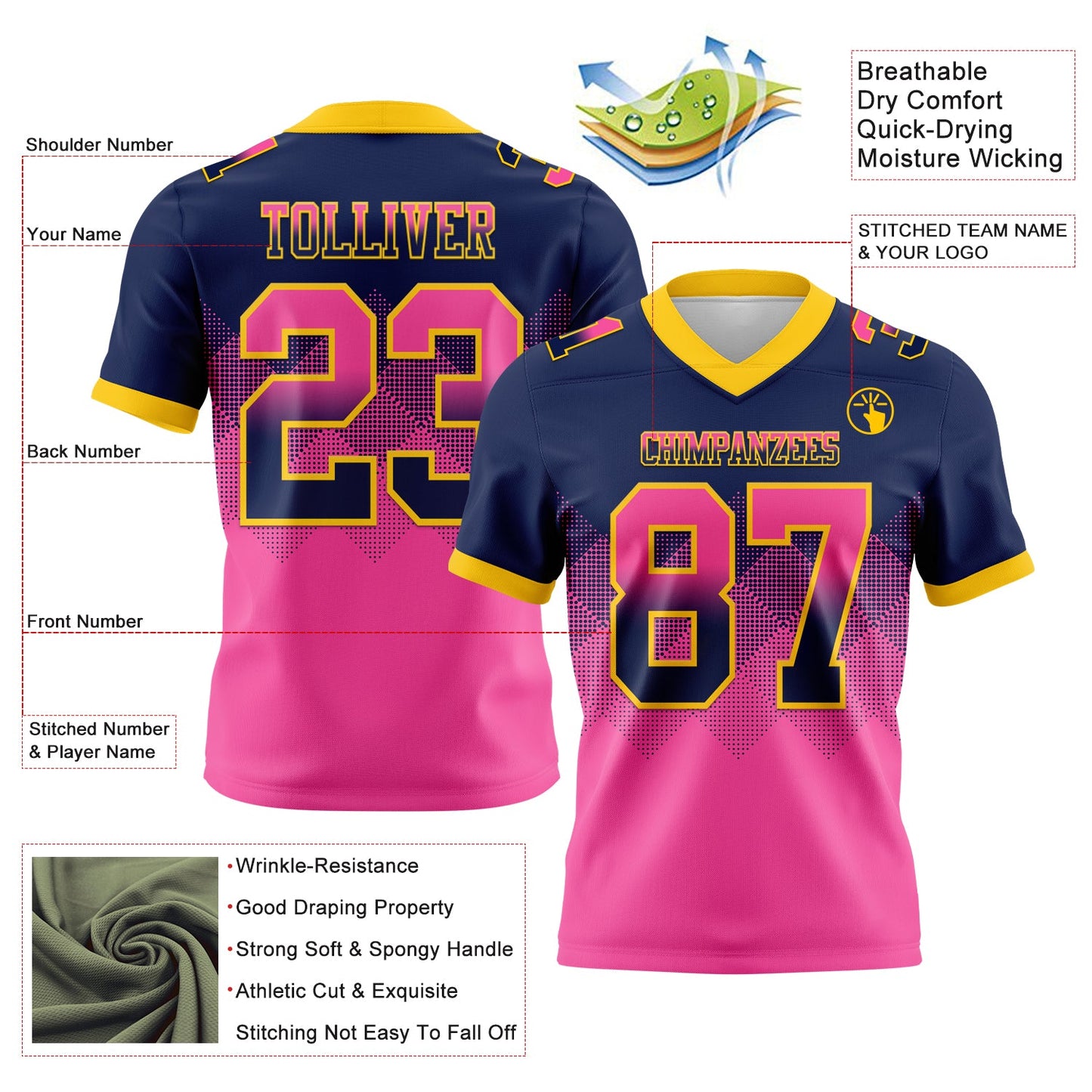Custom Navy Pink-Yellow Mesh Authentic Gradient Square Shape Flag Football Jersey - Sky-Custom