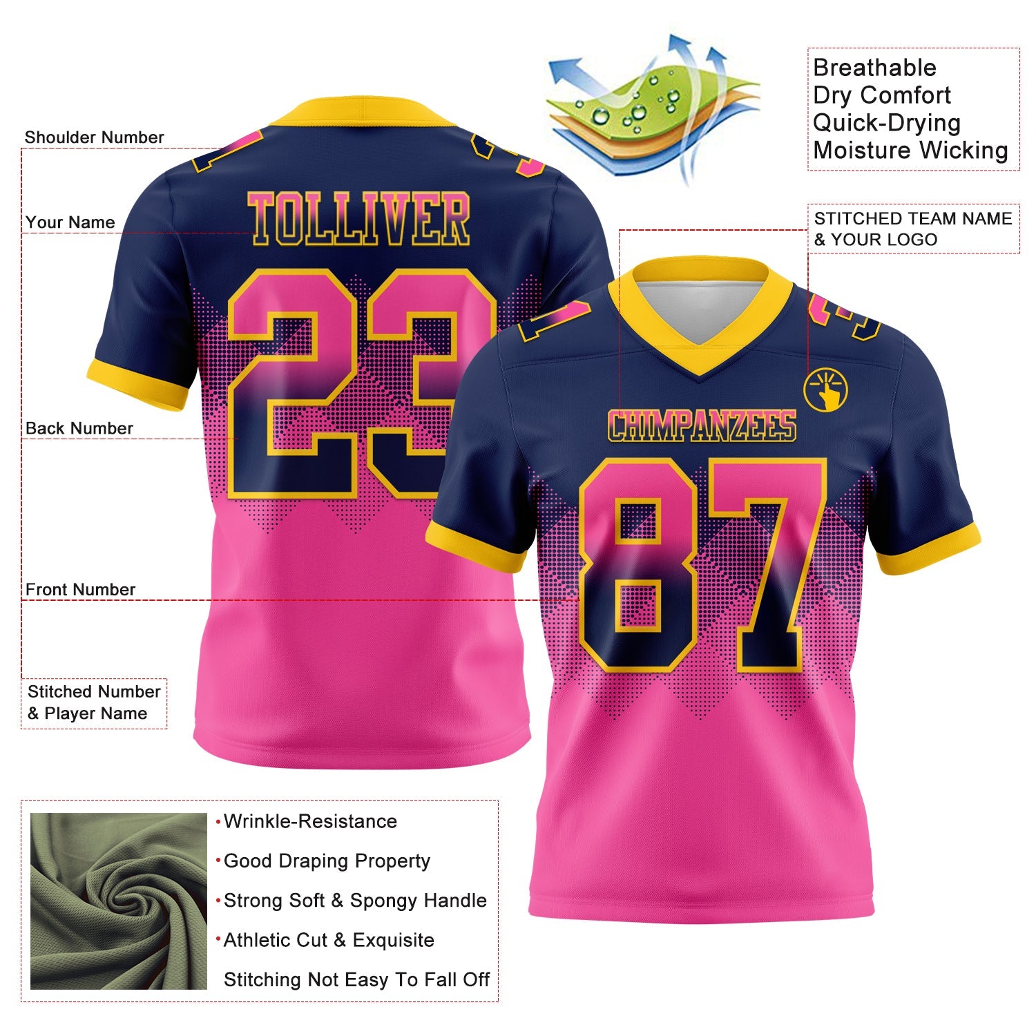 Custom Navy Pink-Yellow Mesh Authentic Gradient Square Shape Flag Football Jersey - Sky-Custom