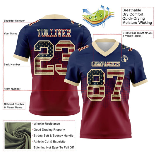 Custom Navy Vintage USA Flag Crimson-Cream Mesh Authentic Gradient Square Shape Flag Football Jersey - Sky-Custom