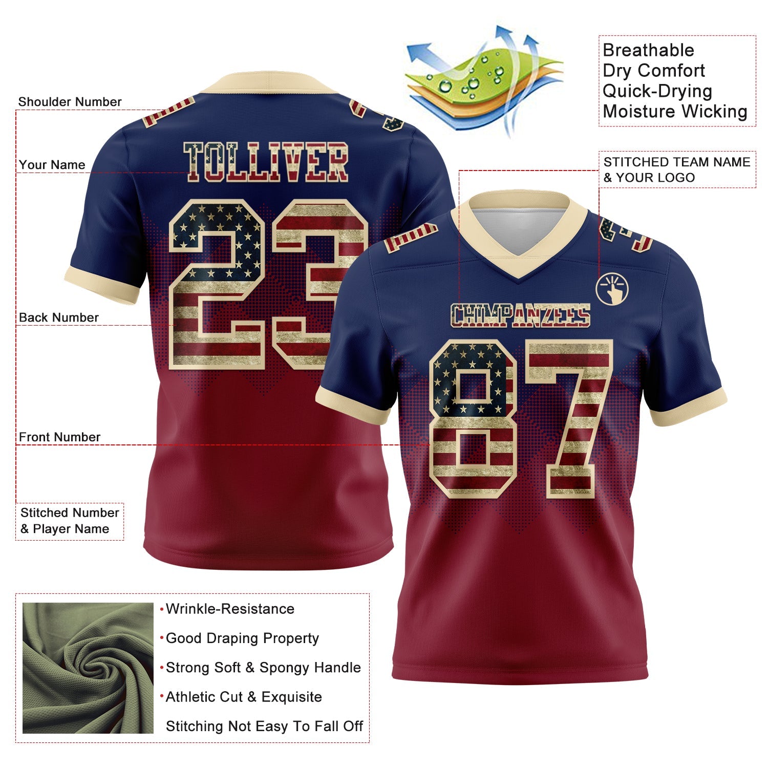 Custom Navy Vintage USA Flag Crimson-Cream Mesh Authentic Gradient Square Shape Flag Football Jersey - Sky-Custom