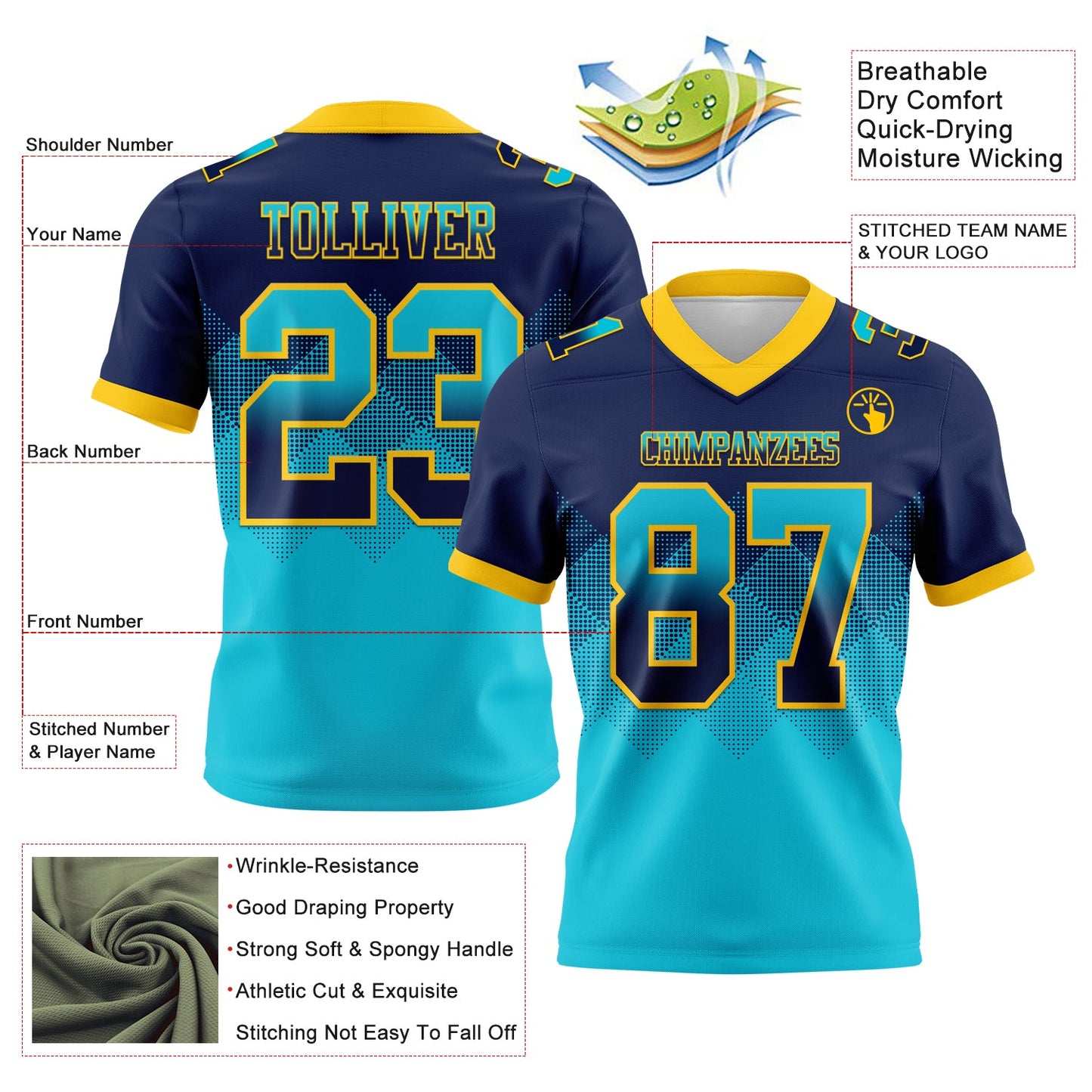 Custom Navy Lakes Blue-Yellow Mesh Authentic Gradient Square Shape Flag Football Jersey - Sky-Custom