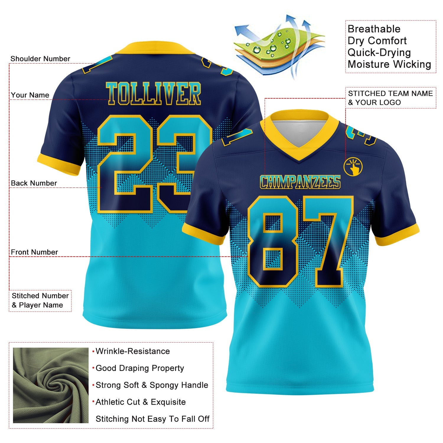 Custom Navy Lakes Blue-Yellow Mesh Authentic Gradient Square Shape Flag Football Jersey - Sky-Custom