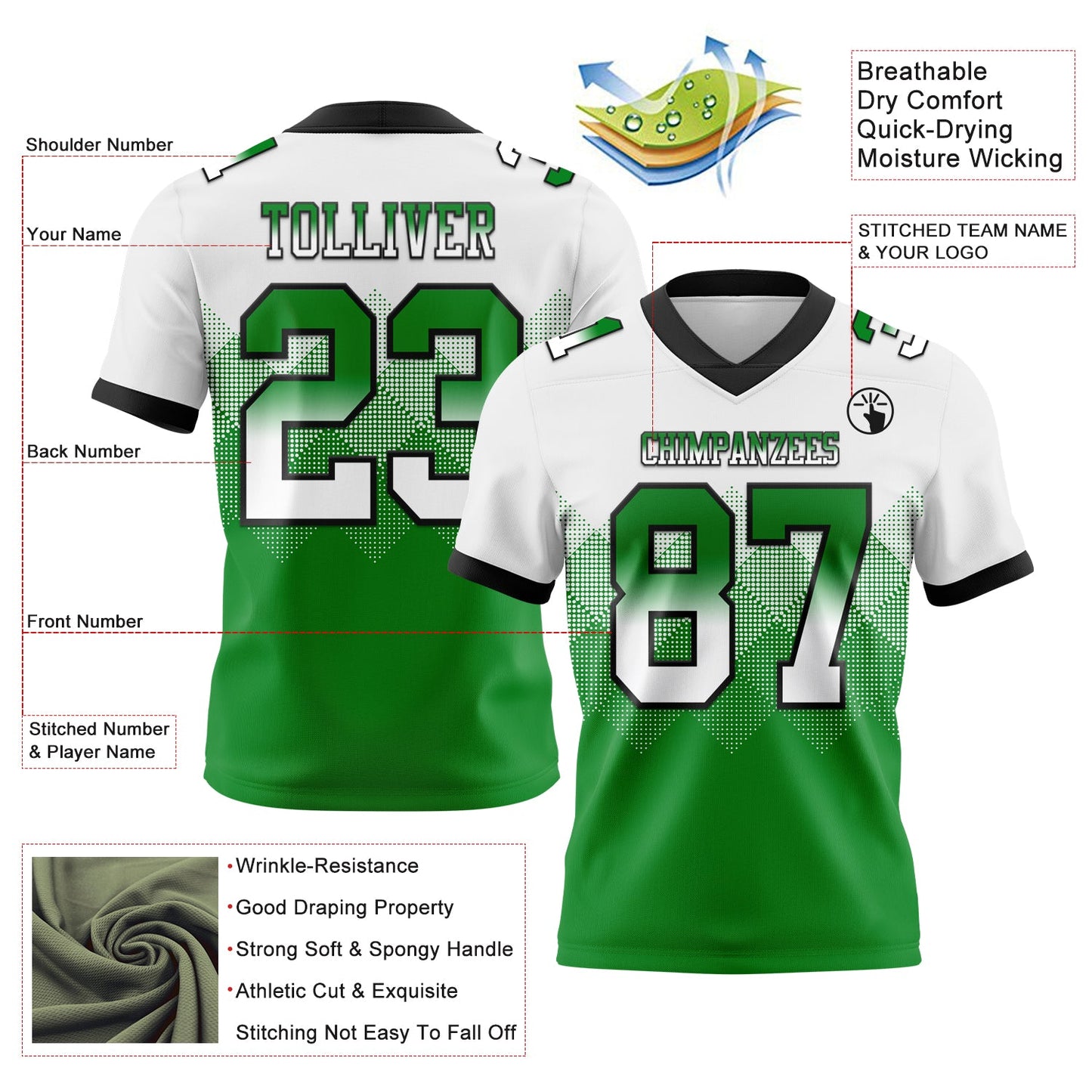 Custom White Grass Green-Black Mesh Authentic Gradient Square Shape Flag Football Jersey - Sky-Custom