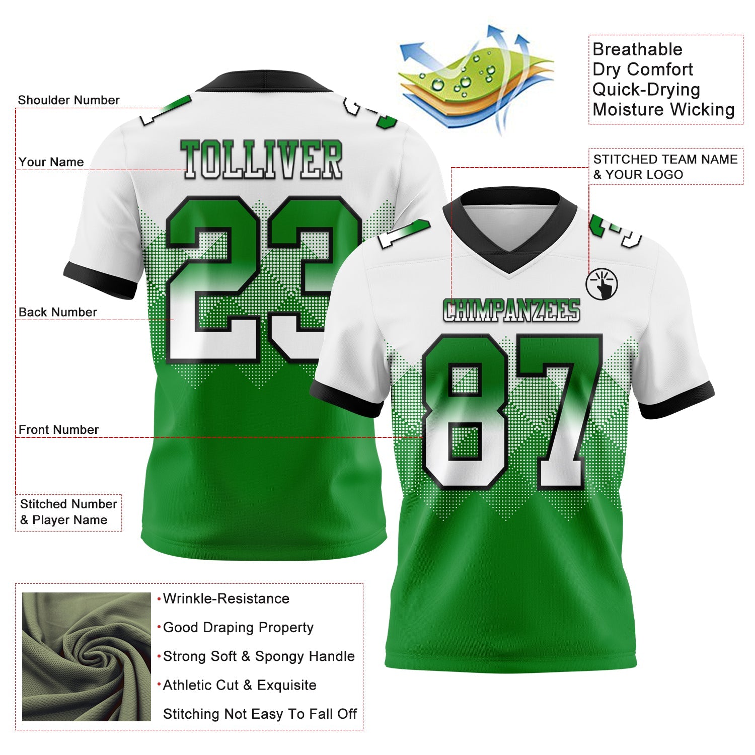 Custom White Grass Green-Black Mesh Authentic Gradient Square Shape Flag Football Jersey - Sky-Custom