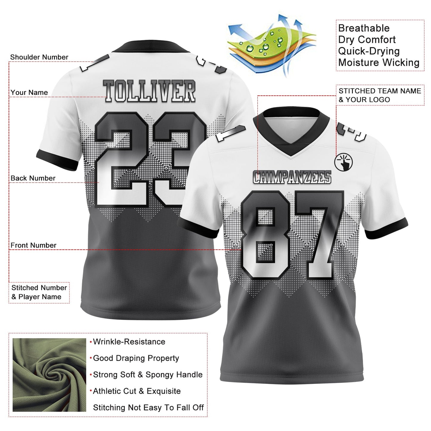 Custom White Steel Gray-Black Mesh Authentic Gradient Square Shape Flag Football Jersey - Sky-Custom