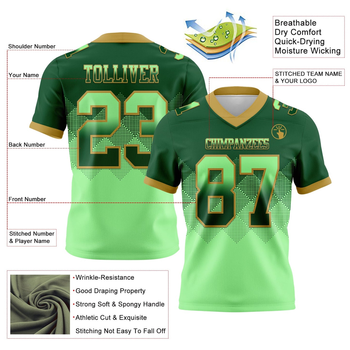 Custom Green Pea Green-Old Gold Mesh Authentic Gradient Square Shape Flag Football Jersey - Sky-Custom