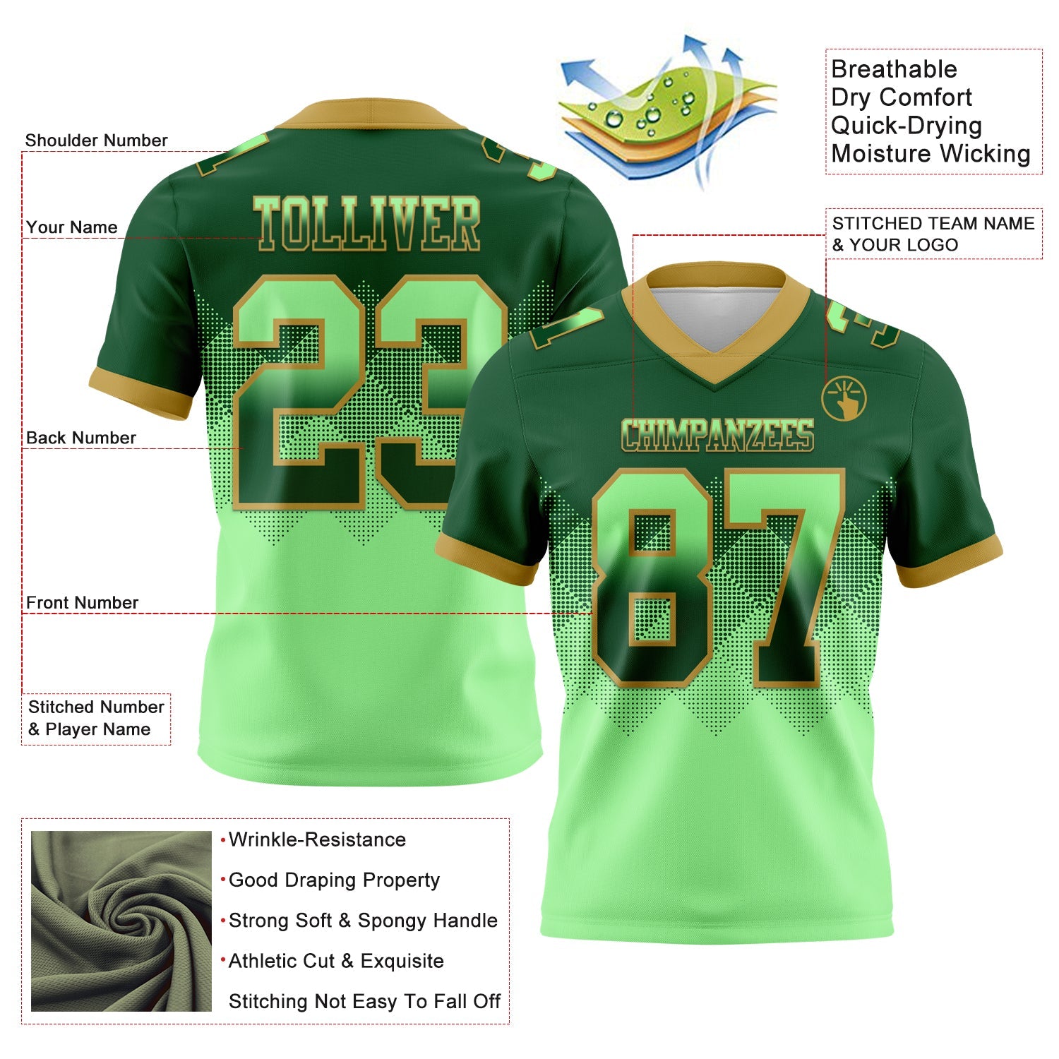 Custom Green Pea Green-Old Gold Mesh Authentic Gradient Square Shape Flag Football Jersey - Sky-Custom