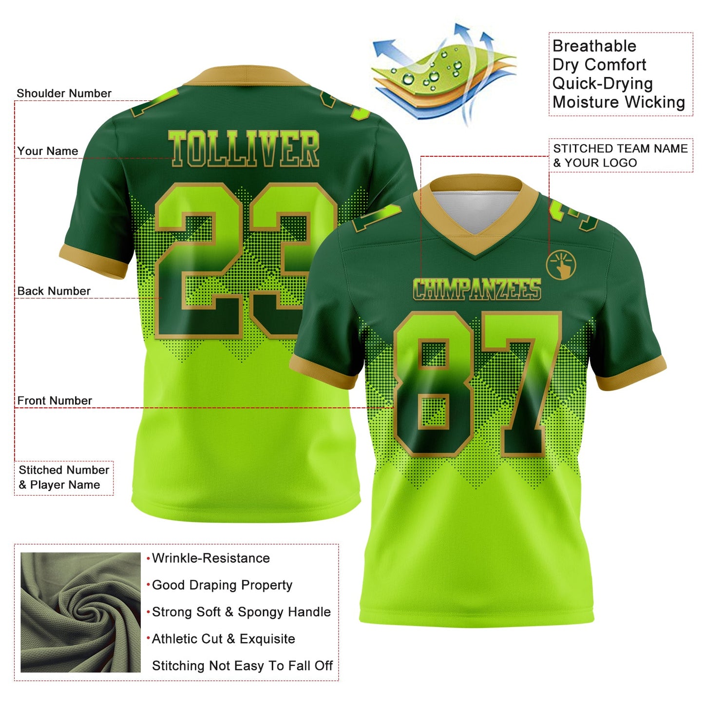 Custom Green Neon Green-Old Gold Mesh Authentic Gradient Square Shape Flag Football Jersey - Sky-Custom