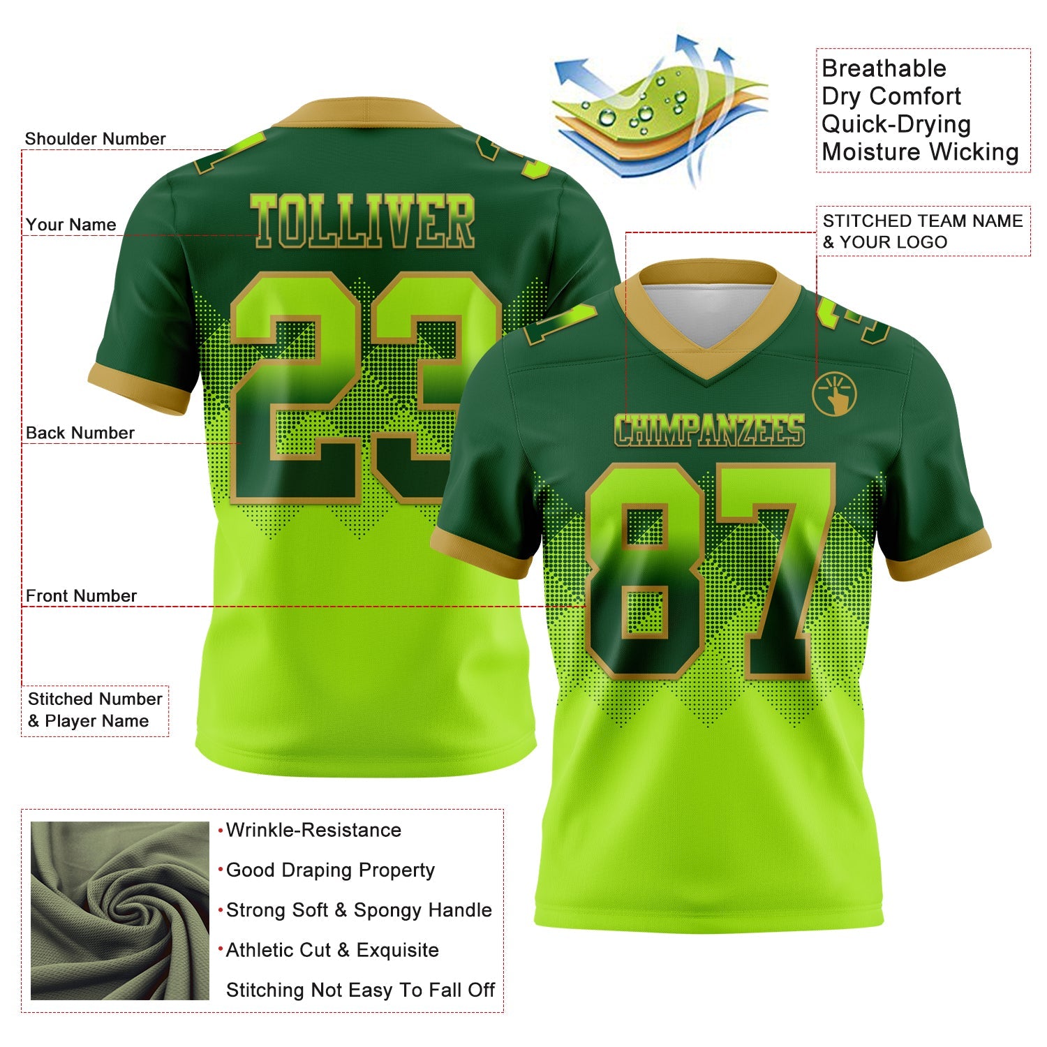 Custom Green Neon Green-Old Gold Mesh Authentic Gradient Square Shape Flag Football Jersey - Sky-Custom