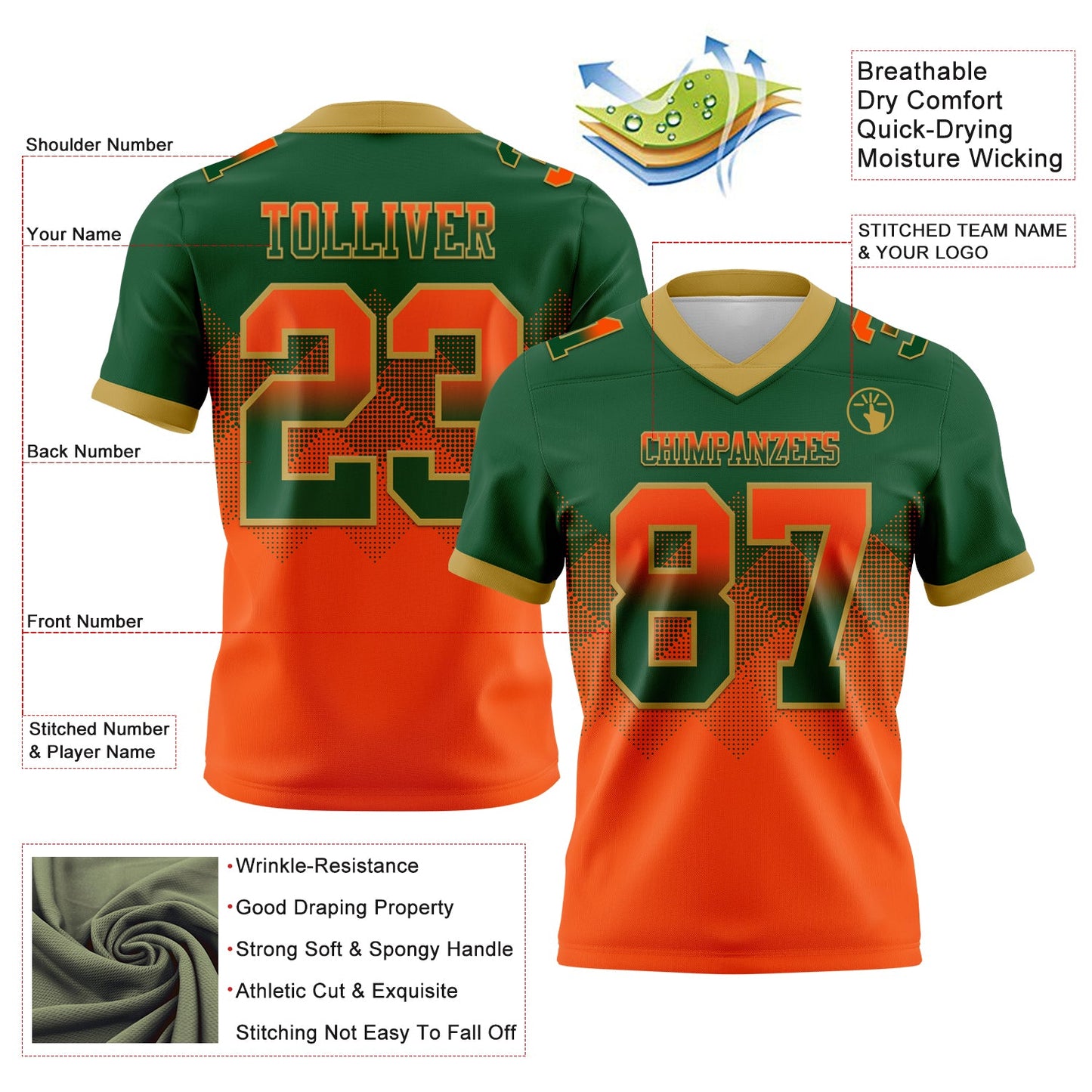 Custom Green Orange-Old Gold Mesh Authentic Gradient Square Shape Flag Football Jersey - Sky-Custom