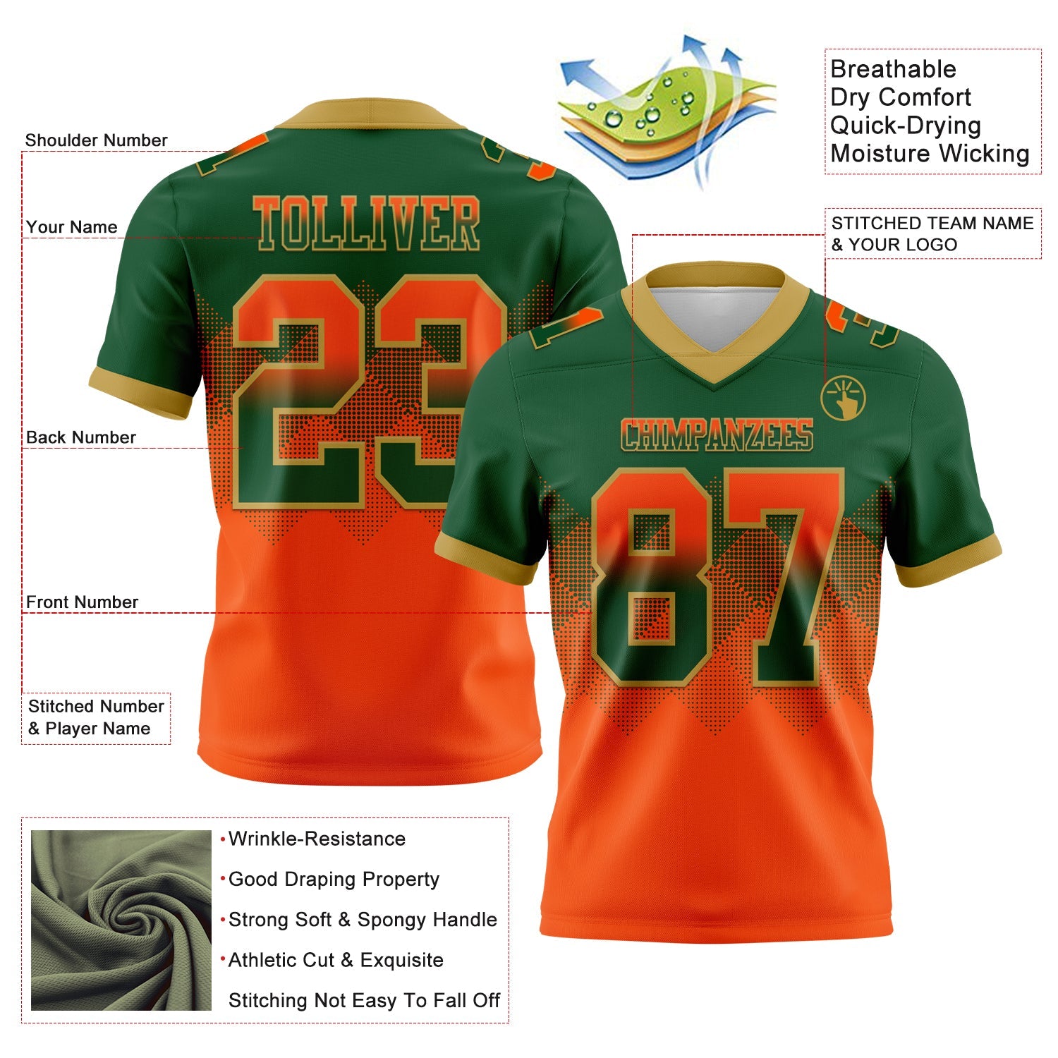 Custom Green Orange-Old Gold Mesh Authentic Gradient Square Shape Flag Football Jersey - Sky-Custom