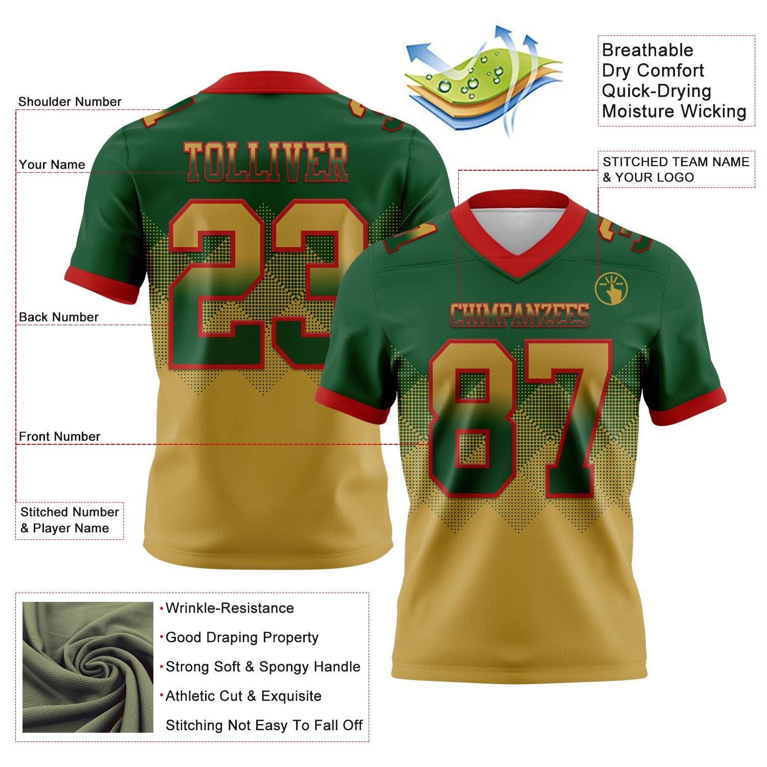 Custom Green Old Gold-Red Mesh Authentic Gradient Square Shape Flag Football Jersey - Sky-Custom