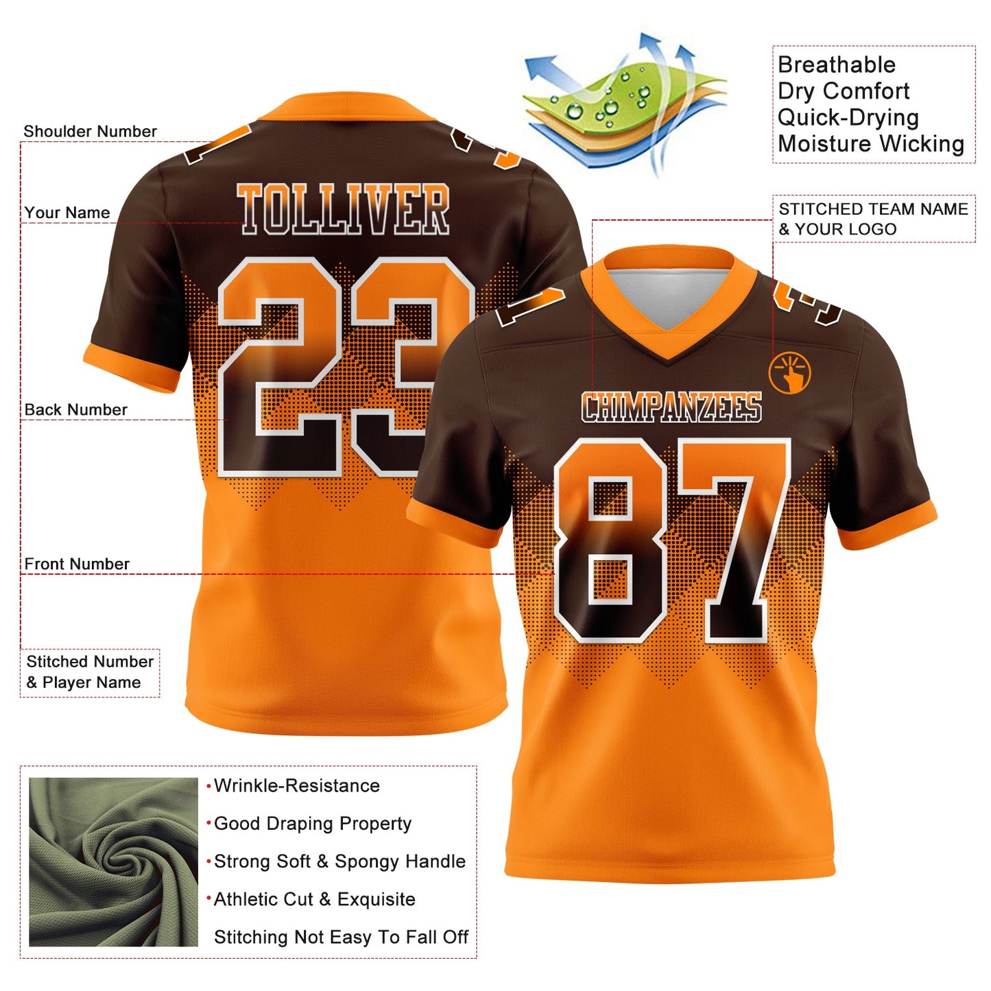 Custom Brown Orange-White Mesh Authentic Gradient Square Shape Flag Football Jersey - Sky-Custom
