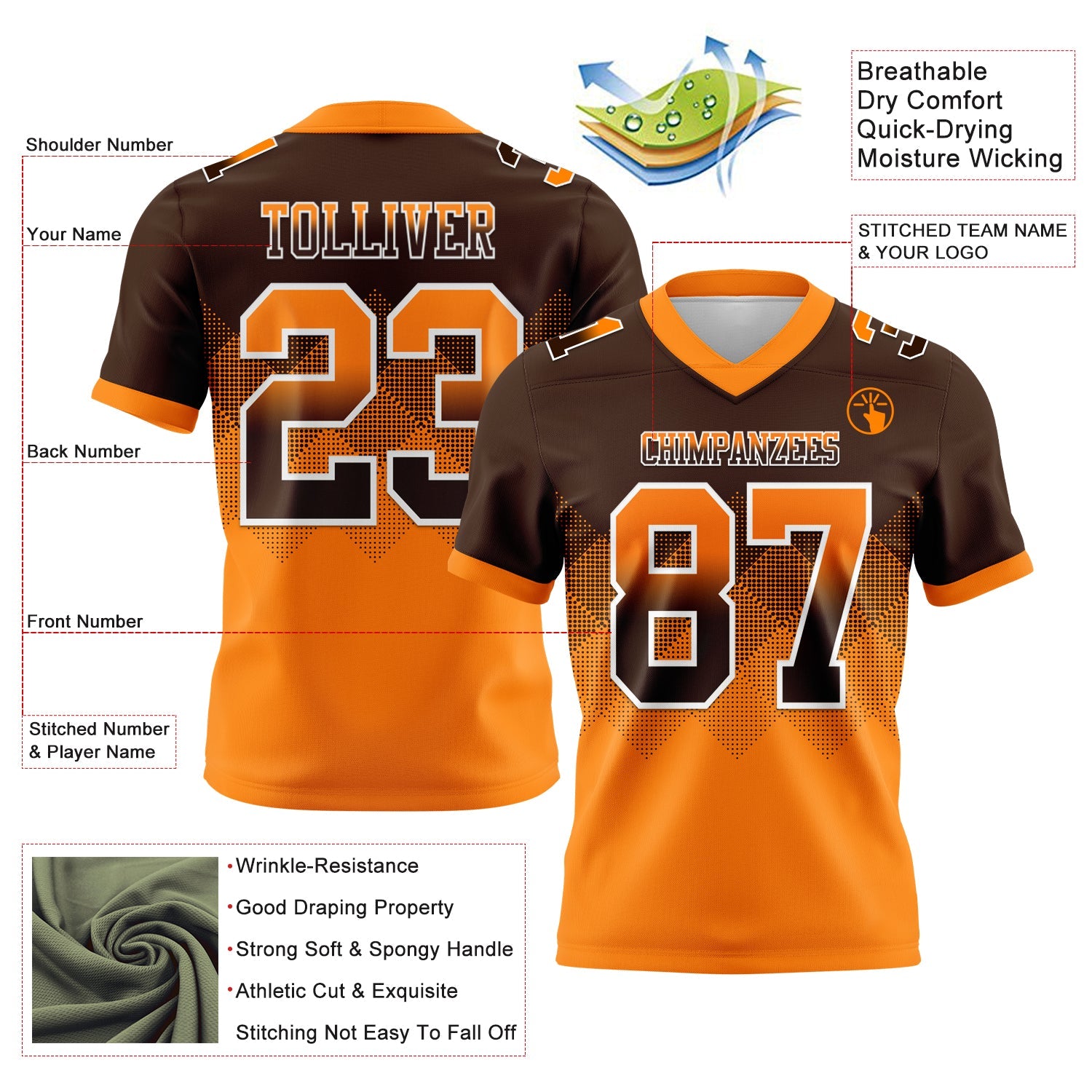 Custom Brown Orange-White Mesh Authentic Gradient Square Shape Flag Football Jersey - Sky-Custom