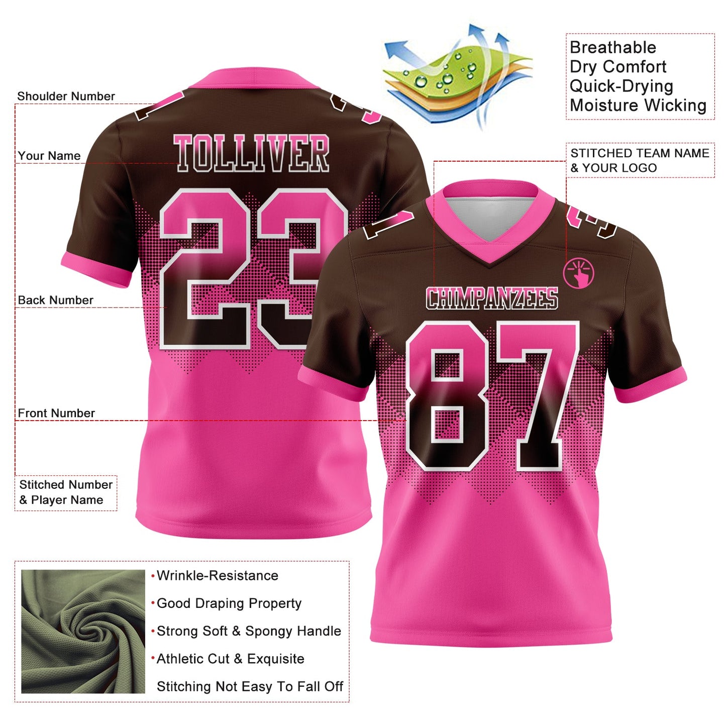 Custom Brown Pink-White Mesh Authentic Gradient Square Shape Flag Football Jersey - Sky-Custom
