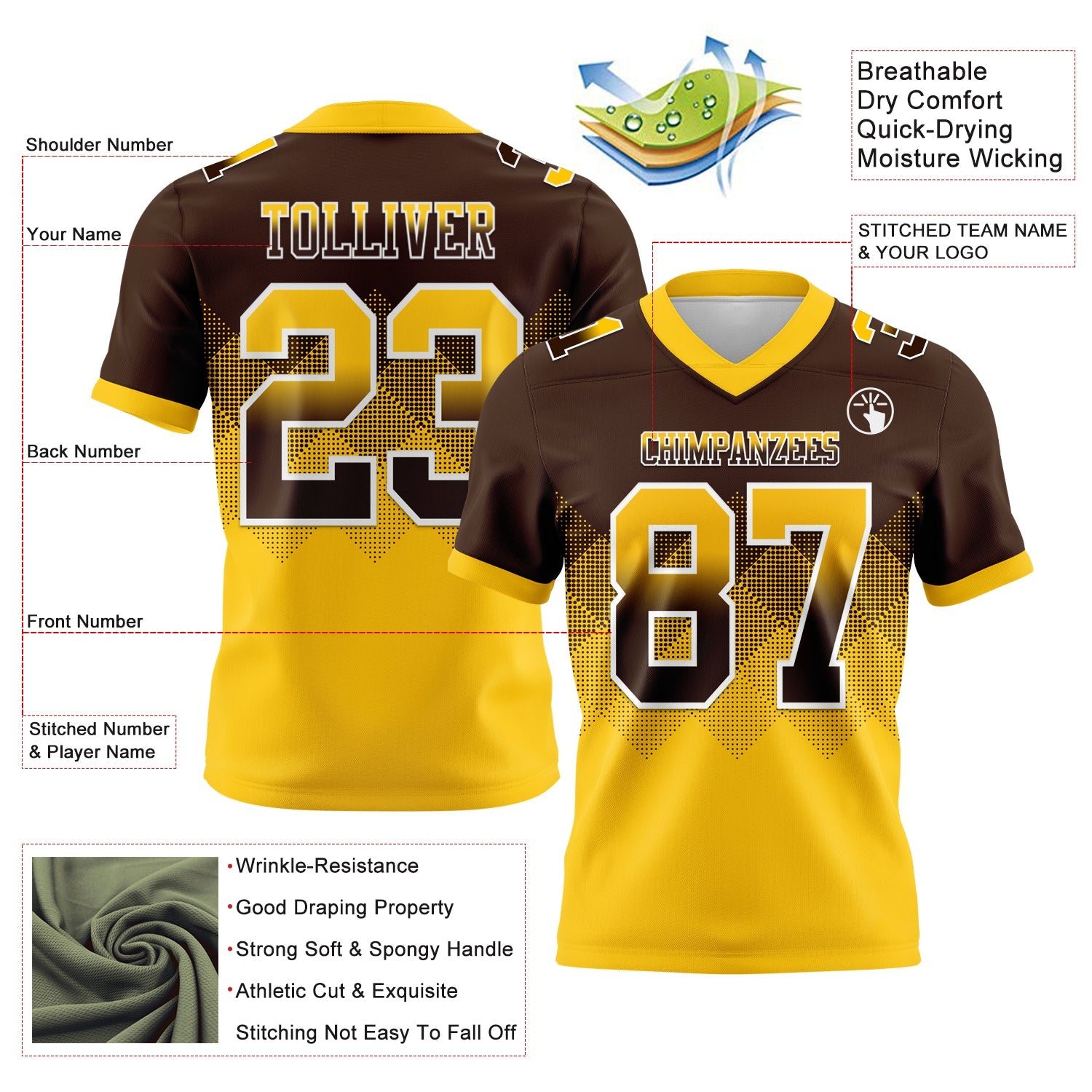 Custom Brown Yellow-White Mesh Authentic Gradient Square Shape Flag Football Jersey - Sky-Custom