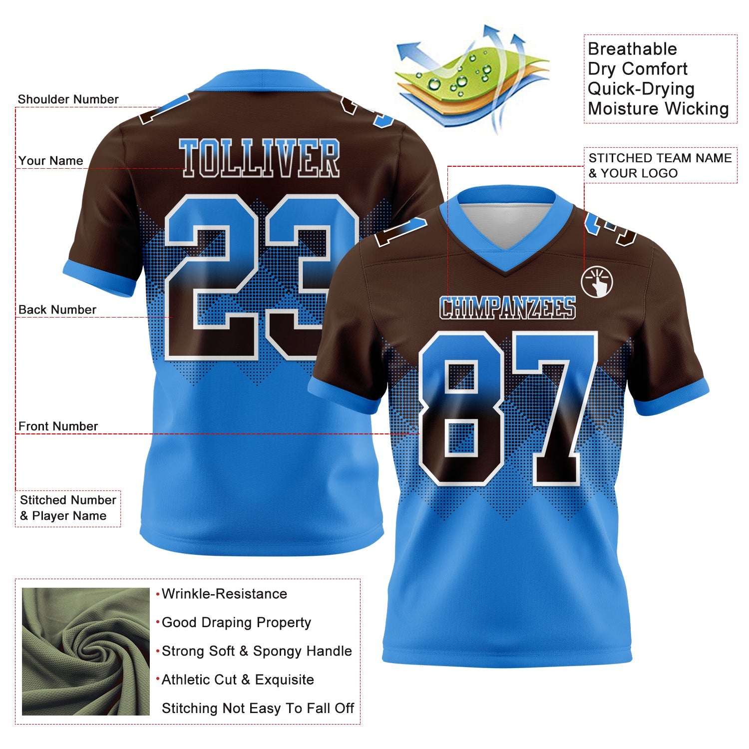 Custom Brown Powder Blue-White Mesh Authentic Gradient Square Shape Flag Football Jersey - Sky-Custom