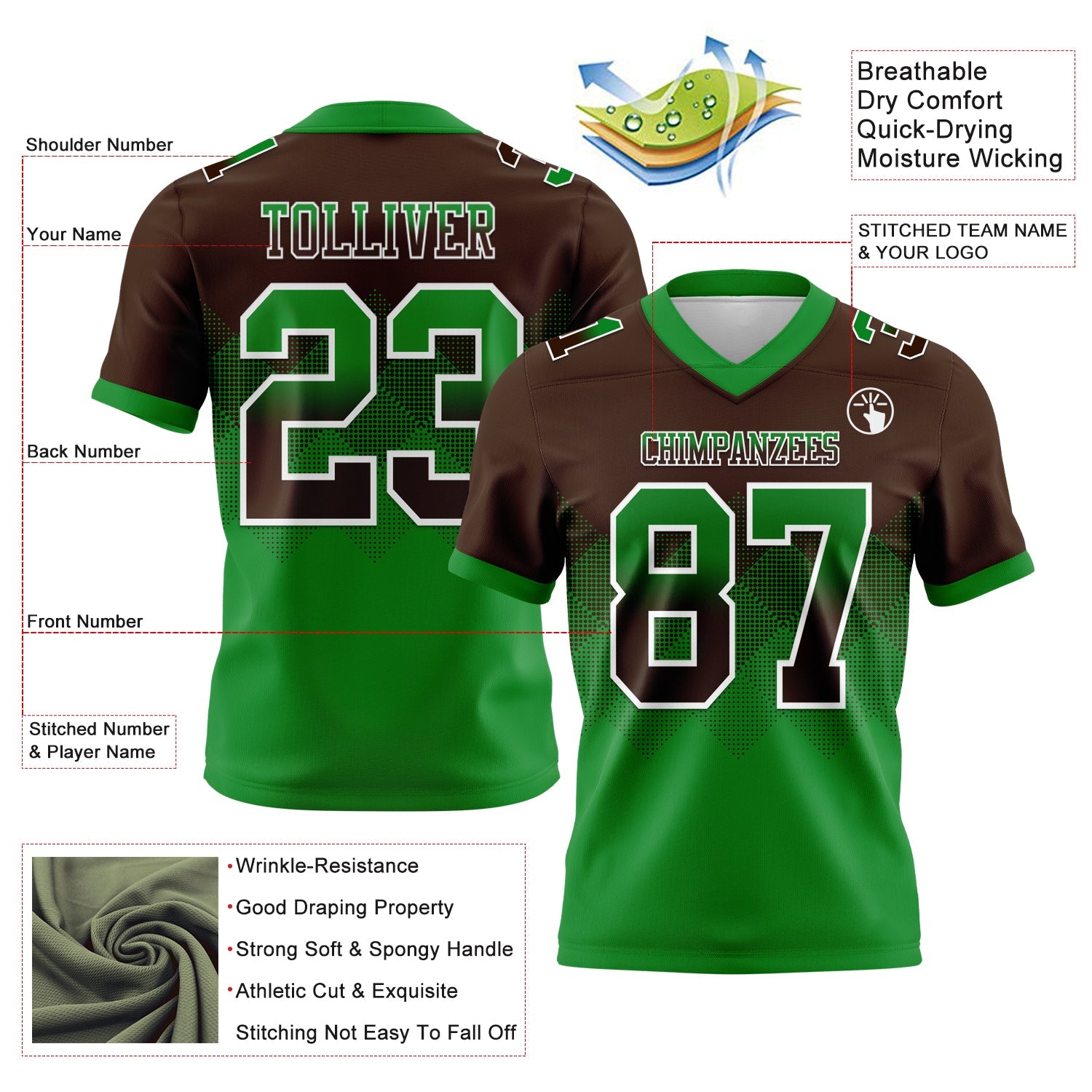 Custom Brown Grass Green-White Mesh Authentic Gradient Square Shape Flag Football Jersey - Sky-Custom