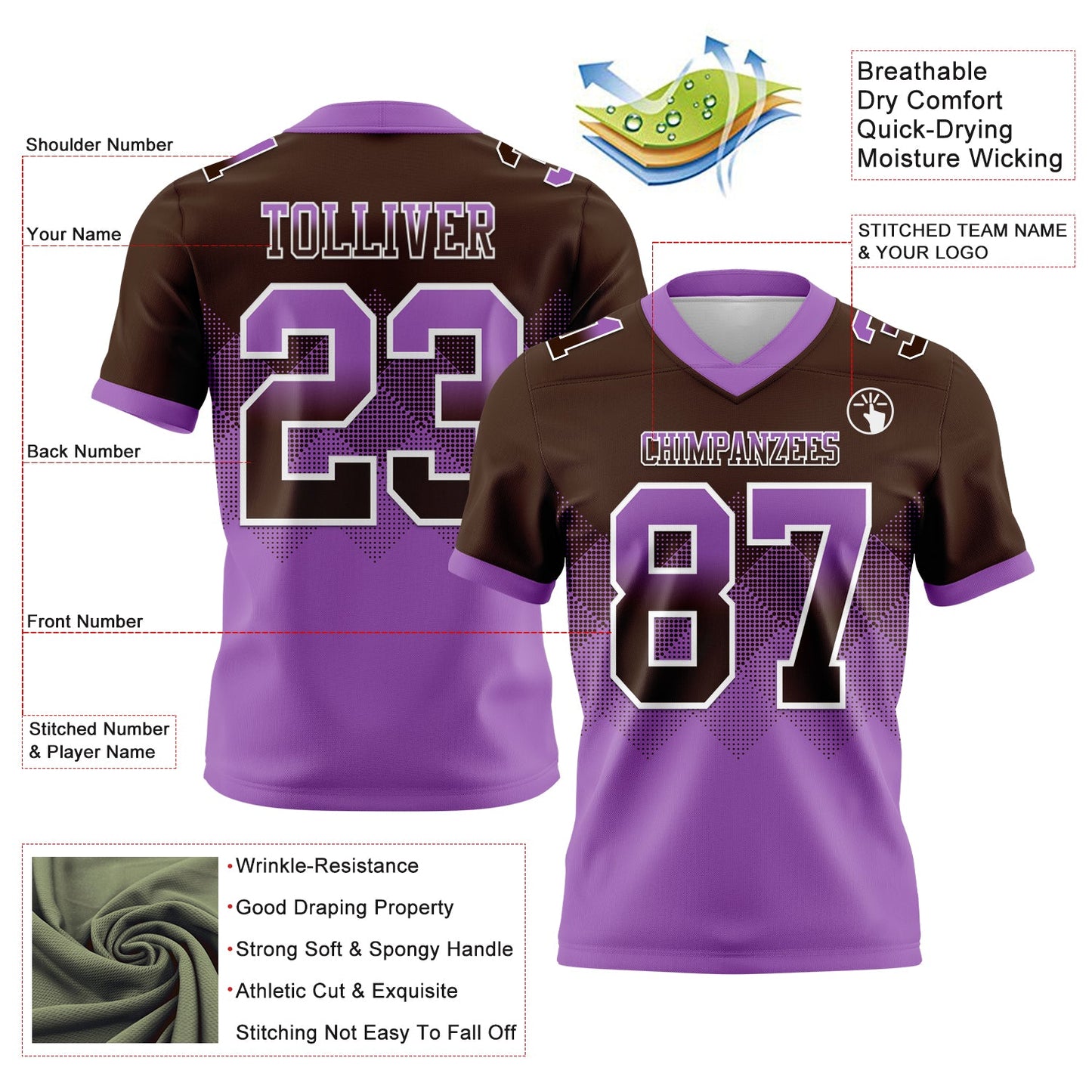 Custom Brown Medium Purple-White Mesh Authentic Gradient Square Shape Flag Football Jersey - Sky-Custom