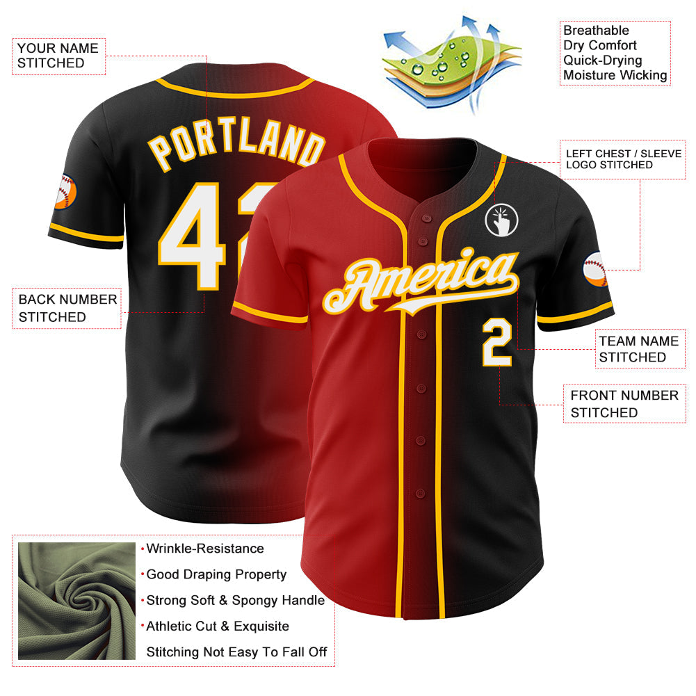 Custom Black White Red-Gold Authentic Gradient Fashion Baseball Jersey - Sky-Custom