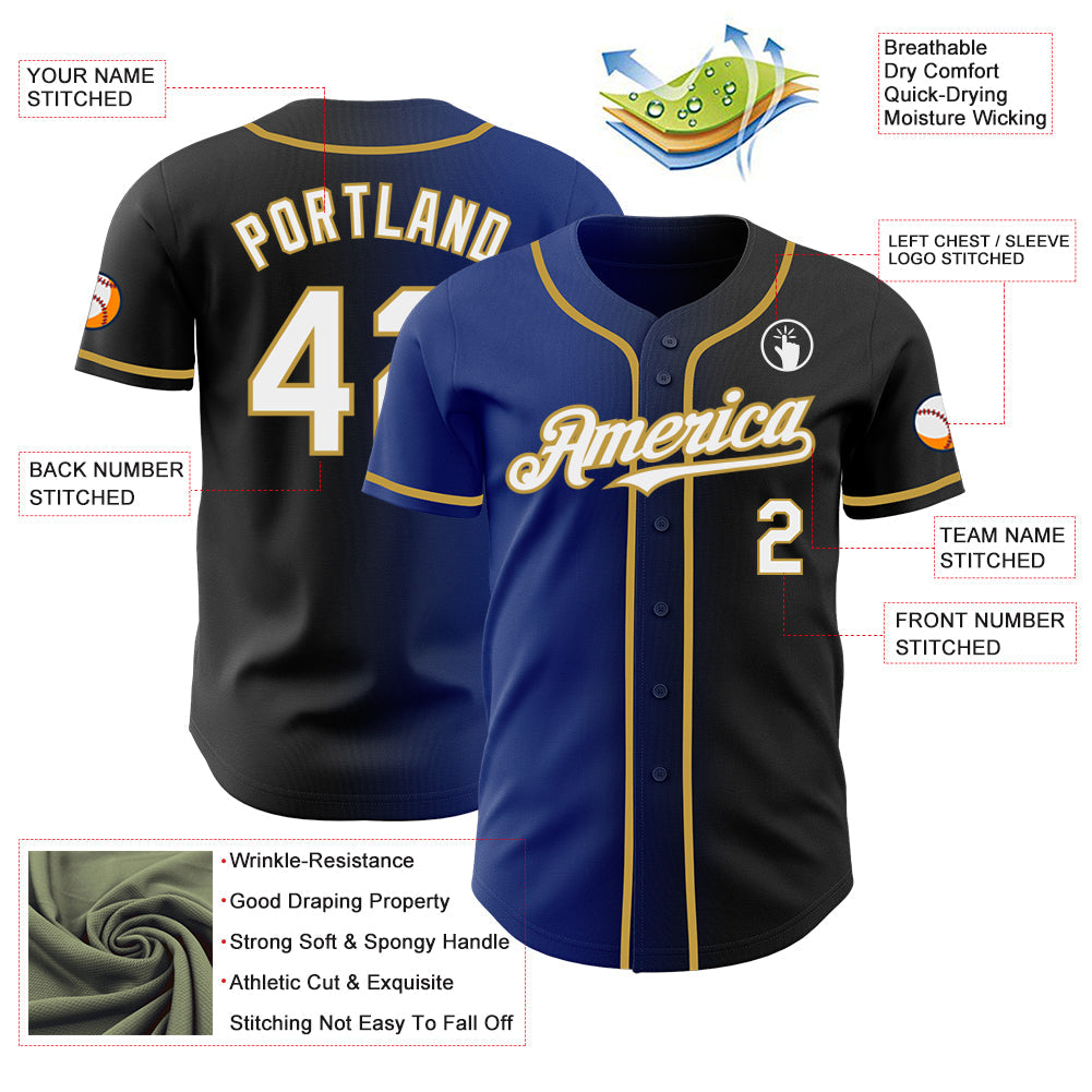 Custom Black White Royal-Old Gold Authentic Gradient Fashion Baseball Jersey - Sky-Custom