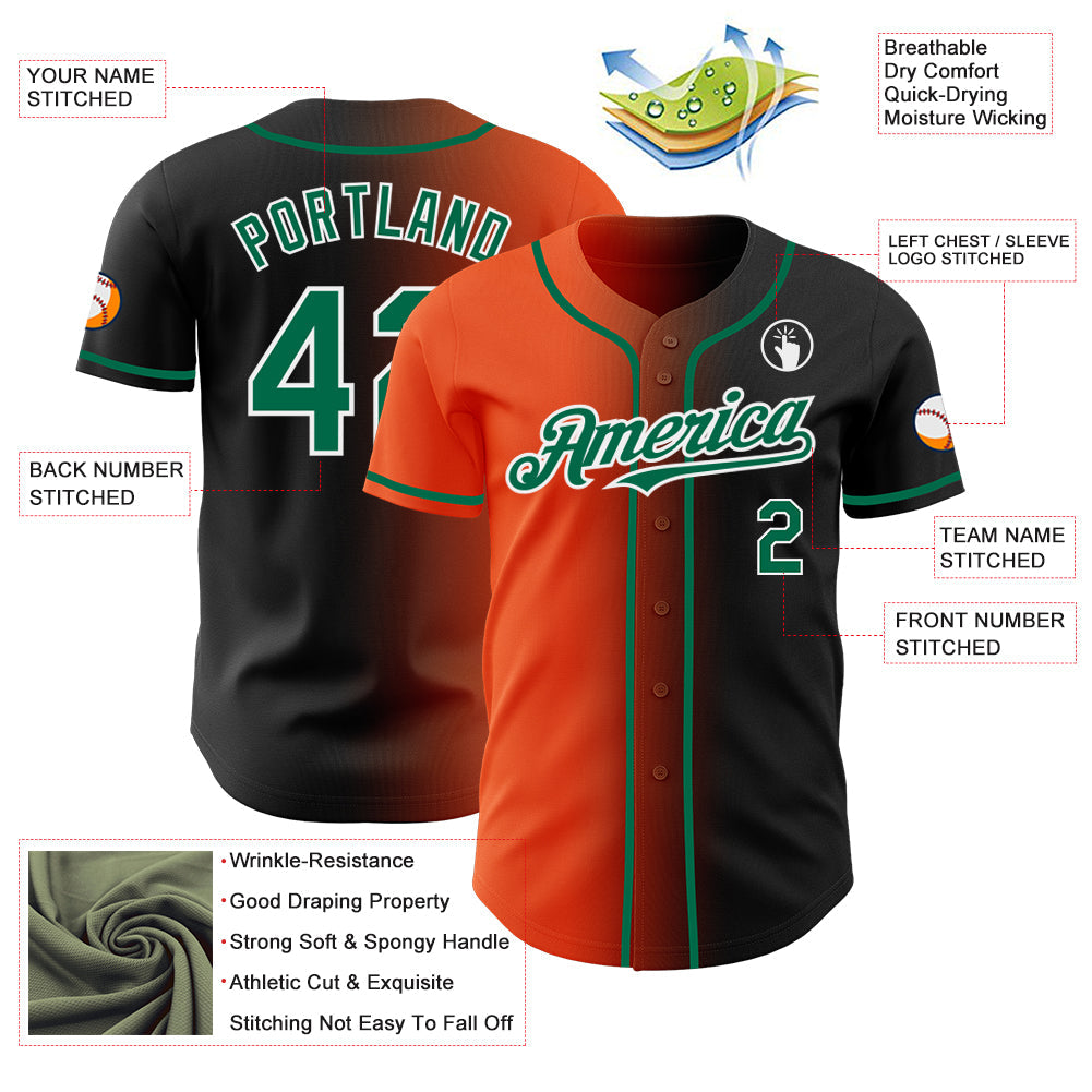 Custom Black Kelly Green Orange-White Authentic Gradient Fashion Baseball Jersey - Sky-Custom