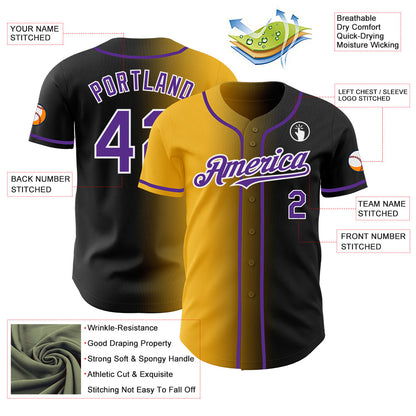 Custom Black Purple Gold-White Authentic Gradient Fashion Baseball Jersey - Sky-Custom