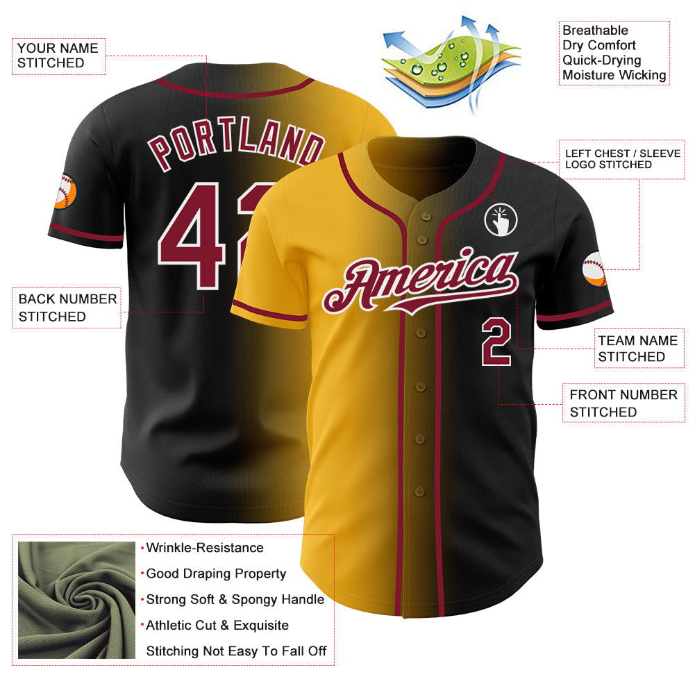 Custom Black Crimson Gold-White Authentic Gradient Fashion Baseball Jersey - Sky-Custom