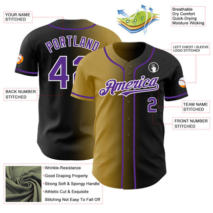 Custom Black Purple Old Gold-White Authentic Gradient Fashion Baseball Jersey - Sky-Custom