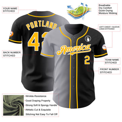 Custom Black Gold Gray-White Authentic Gradient Fashion Baseball Jersey - Sky-Custom