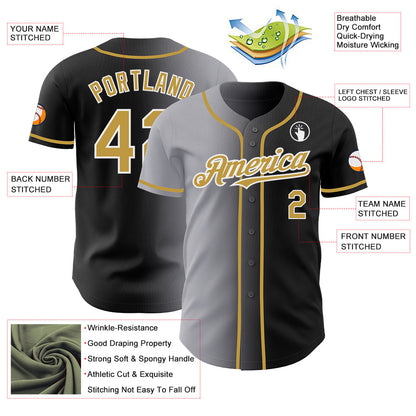 Custom Black Old Gold Gray-White Authentic Gradient Fashion Baseball Jersey - Sky-Custom