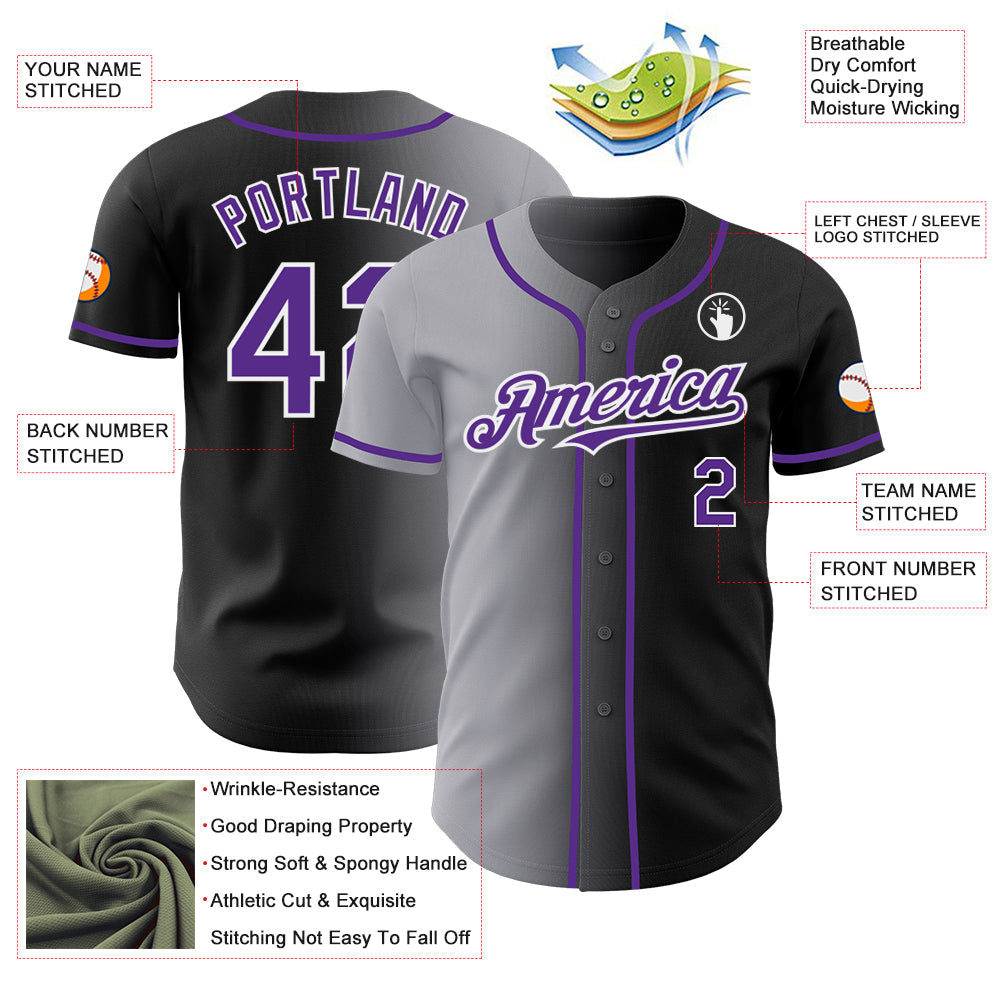 Custom Black Purple Gray-White Authentic Gradient Fashion Baseball Jersey - Sky-Custom