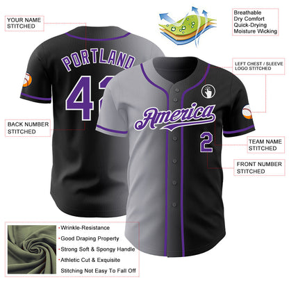 Custom Black Purple Gray-White Authentic Gradient Fashion Baseball Jersey - Sky-Custom