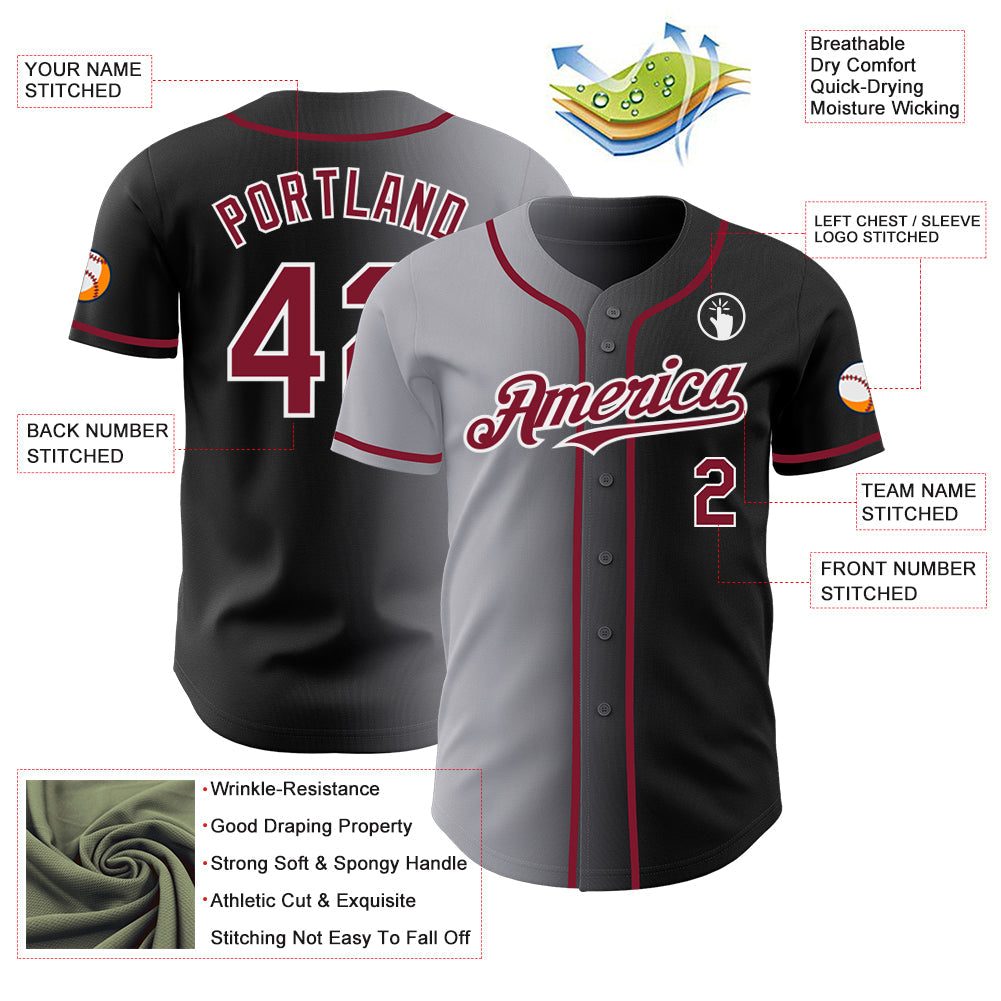 Custom Black Crimson Gray-White Authentic Gradient Fashion Baseball Jersey - Sky-Custom